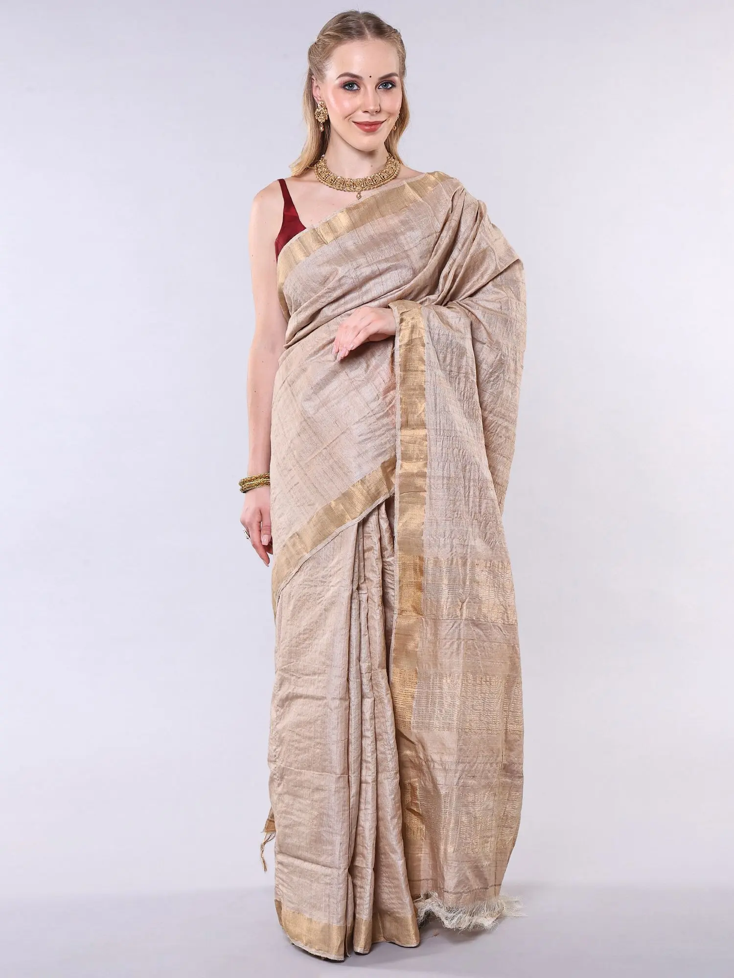 Frosted-Almond Pure Tussar Silk Saree with Zari Woven Border and Striped Border from Odisha