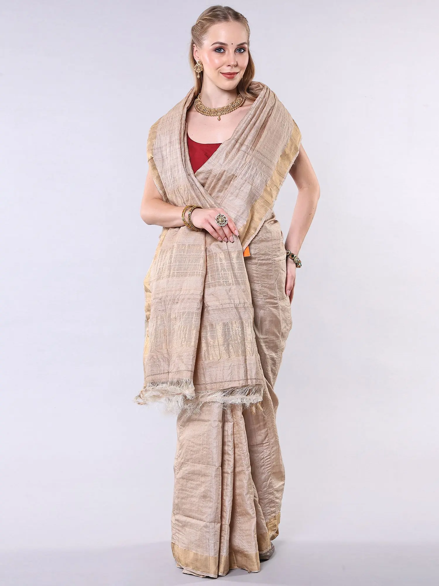 Frosted-Almond Pure Tussar Silk Saree with Zari Woven Border and Striped Border from Odisha, alternate view