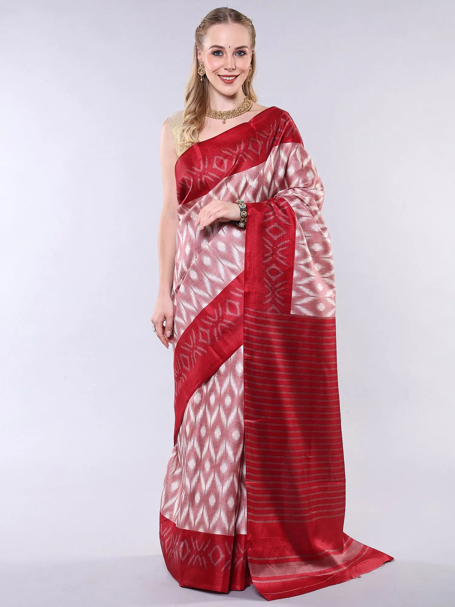 Ash-Rose Art Silk Ikat Printed Saree with Contrast Wide Border and Striped Pallu