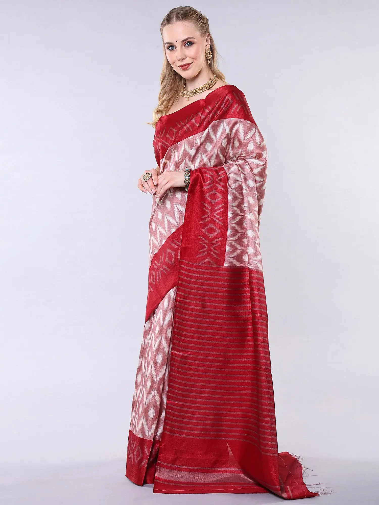 Ash-Rose Art Silk Ikat Printed Saree with Contrast Wide Border and Striped Pallu, alternate view