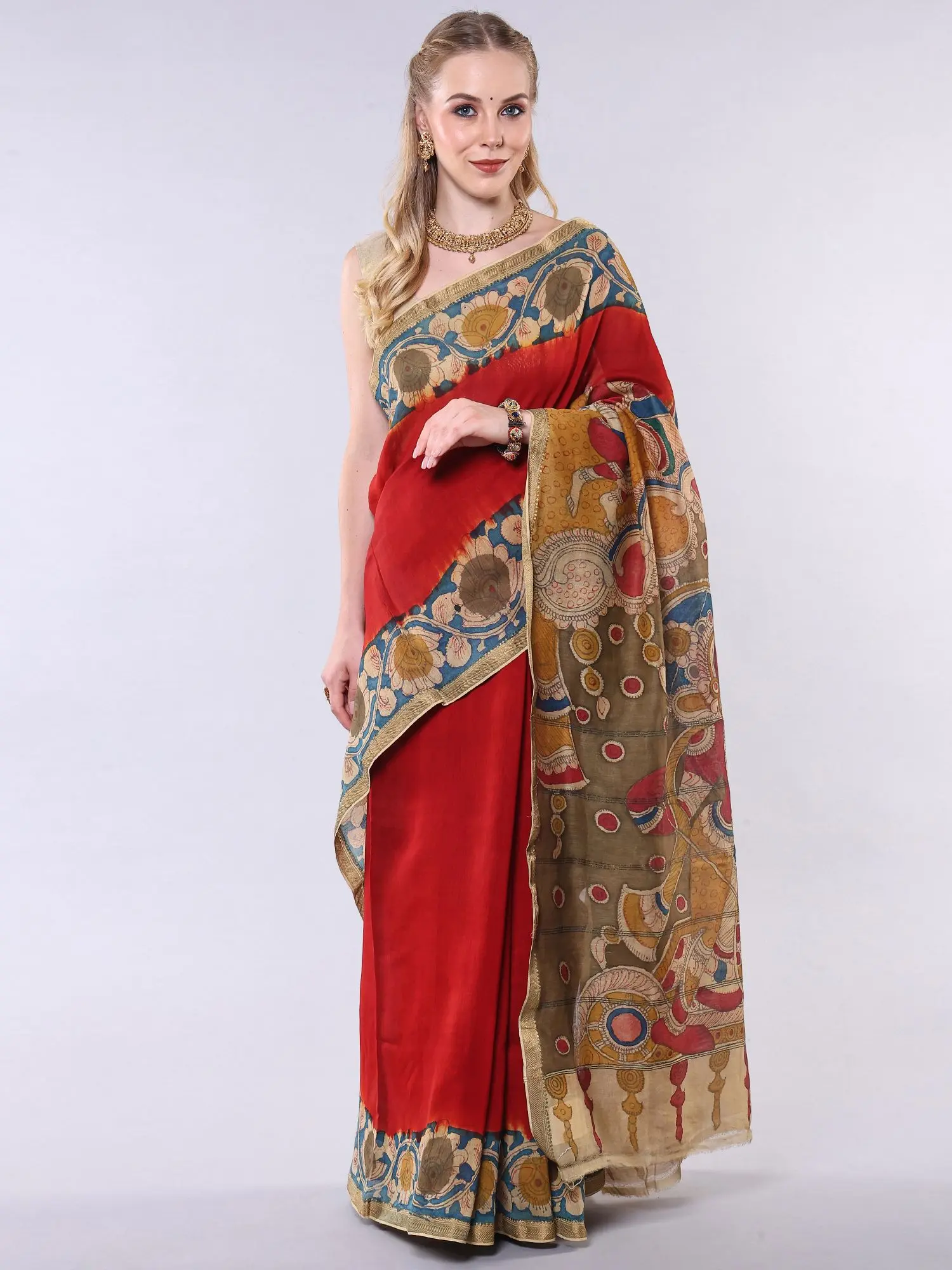 Ribbon-Red Pure Cotton Kalamkari Saree with Printed Sita-Ram Swayamvar and Zari work Border
