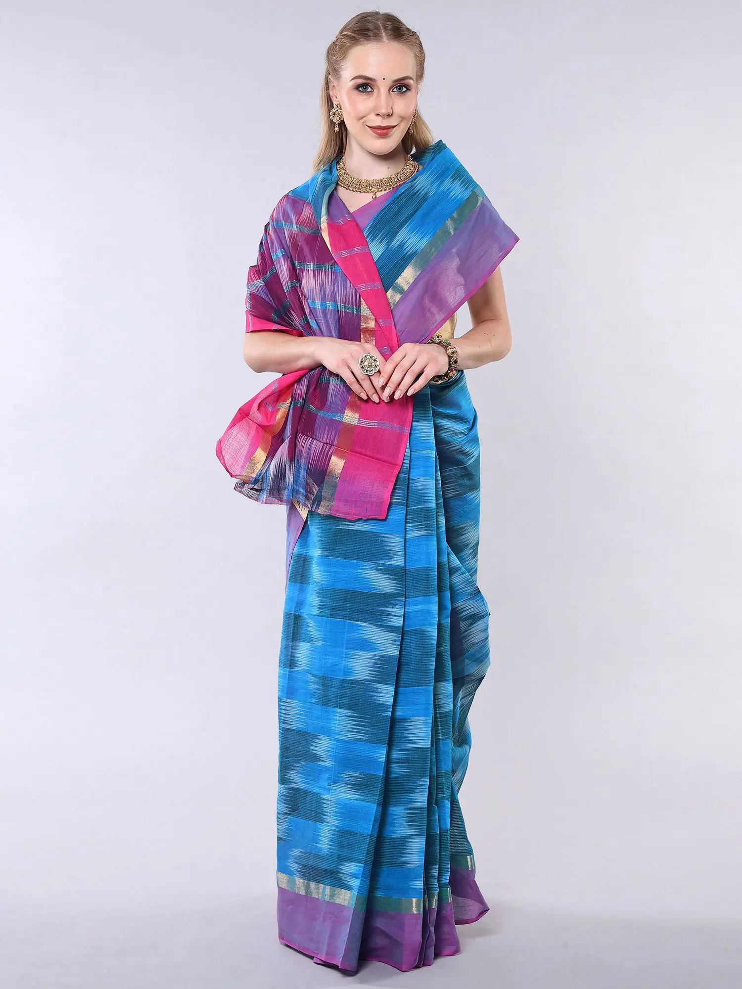 Malibu-Blue Ikat Weave Chettinad Cotton with Zari and Contrast Border