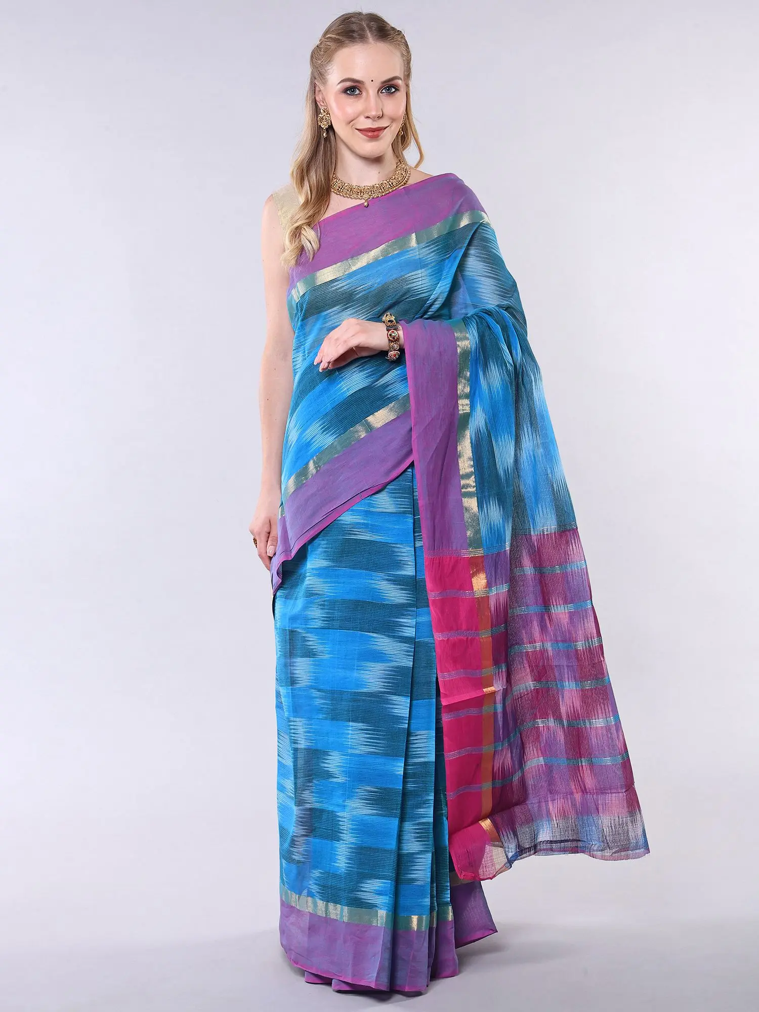 Malibu-Blue Ikat Weave Chettinad Cotton with Zari and Contrast Border, alternate view