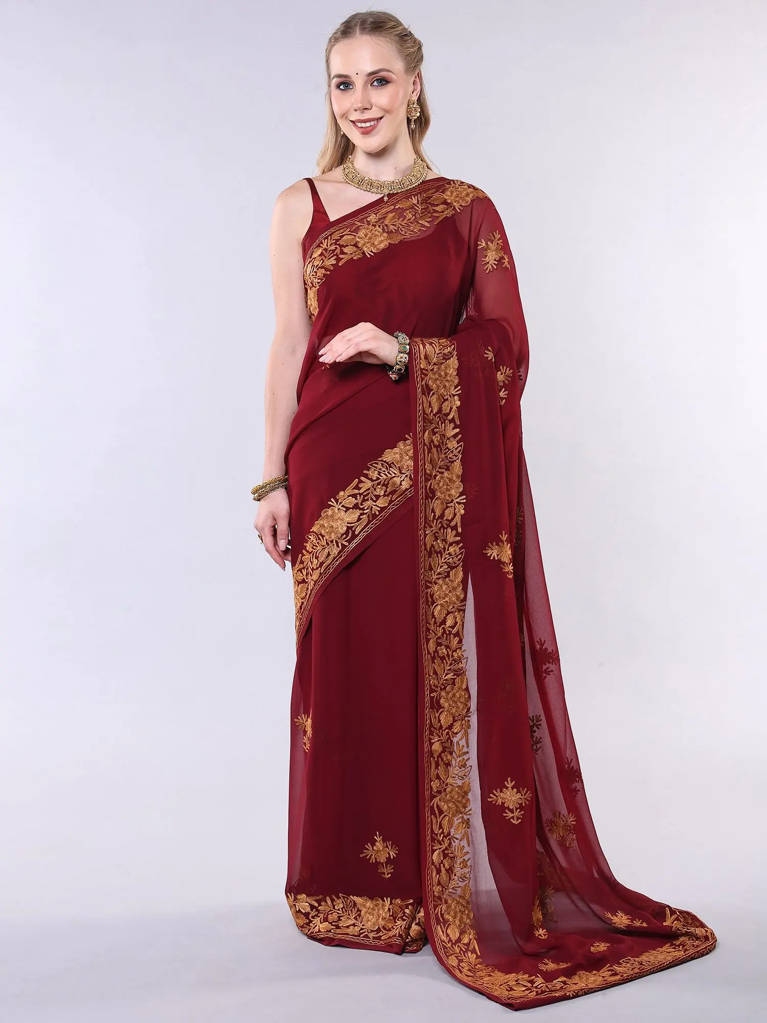 Madder-Brown Georgette Saree with Aari Embroidered Flowers Border and Anchal from Kashmir