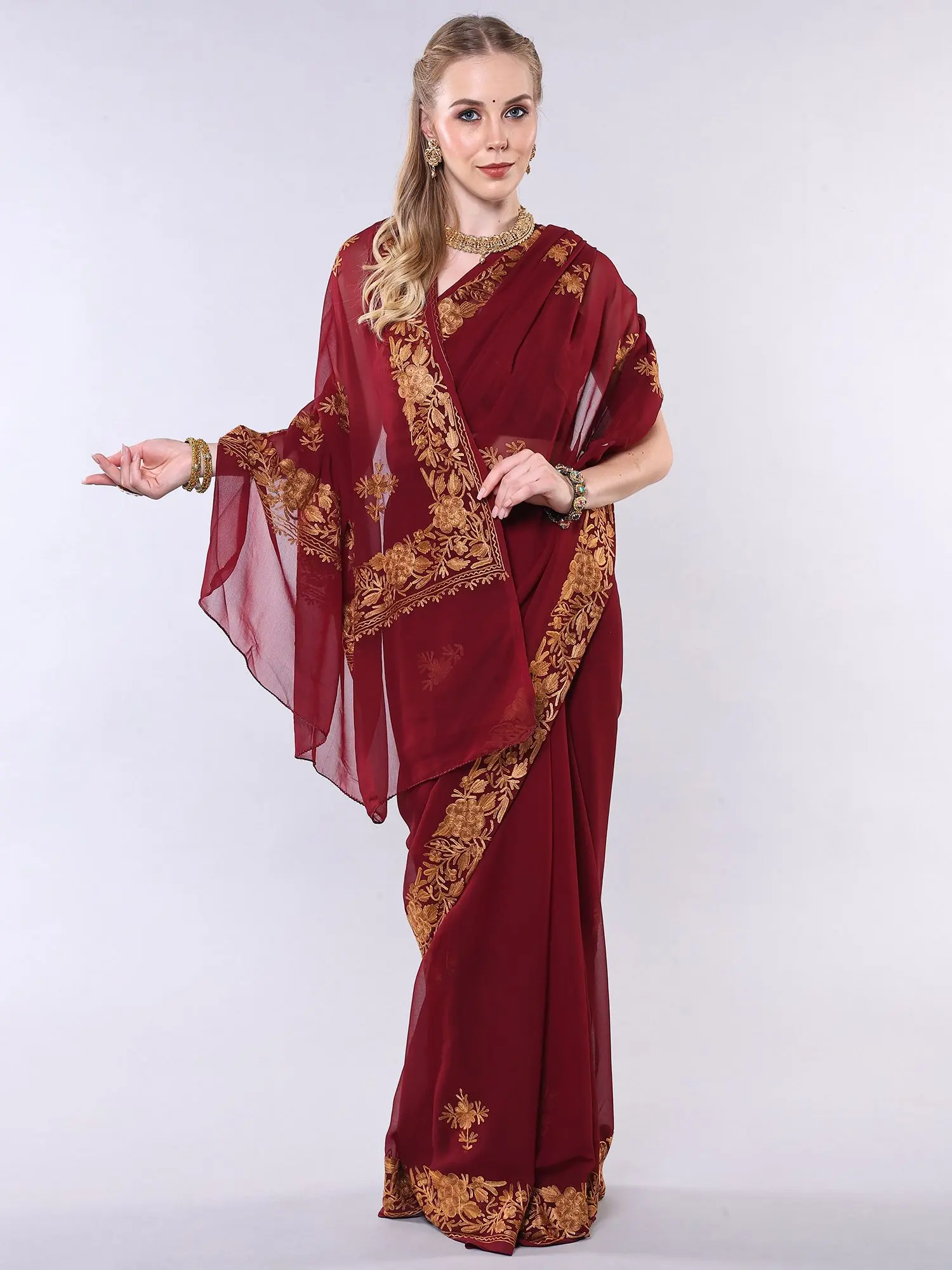 Madder-Brown Georgette Saree with Aari Embroidered Flowers Border and Anchal from Kashmir, alternate view