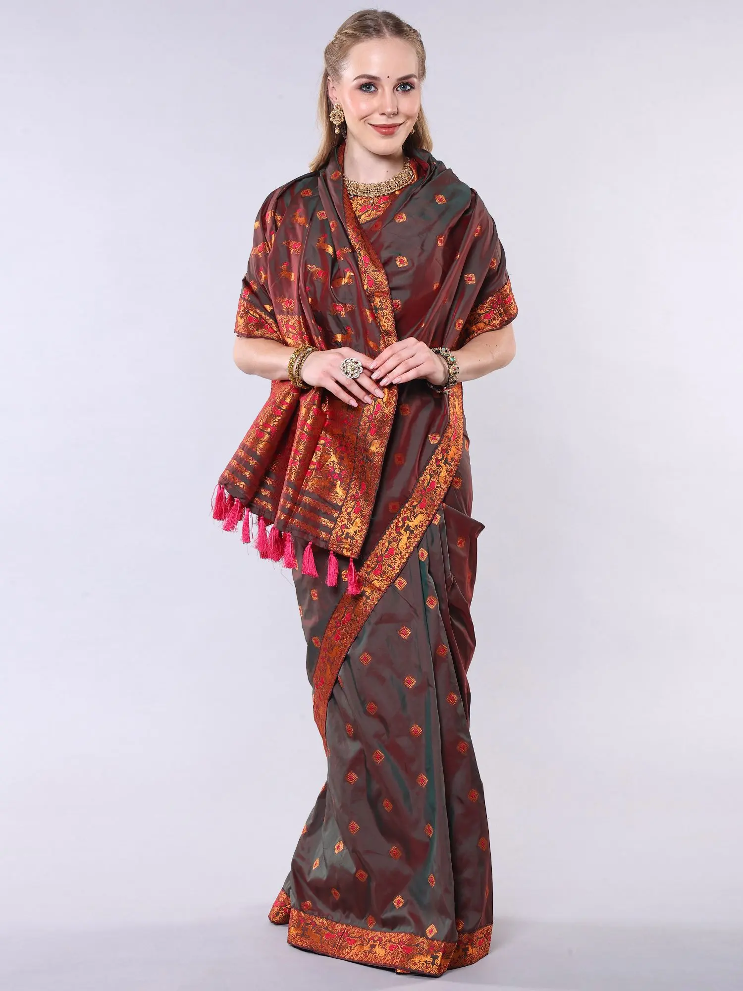 Ivy-Green Iridescent Dhoop Chaanv Muga Saree from Assam with Copper Colored Thread woven Animals and Patch Border, alternate view