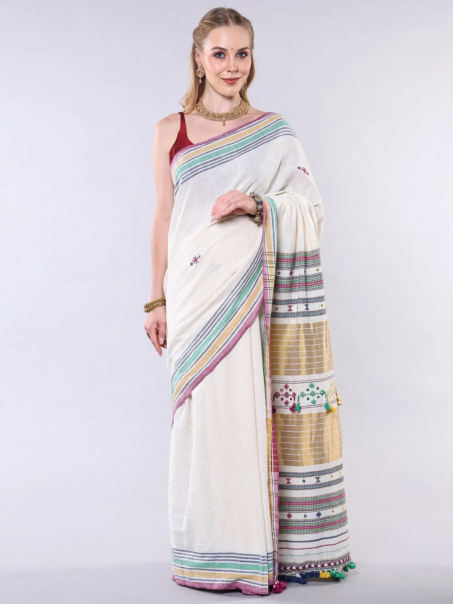 Ivory Folk Saree from Kutch with Multi Stripes Woven Border and Mirror Work