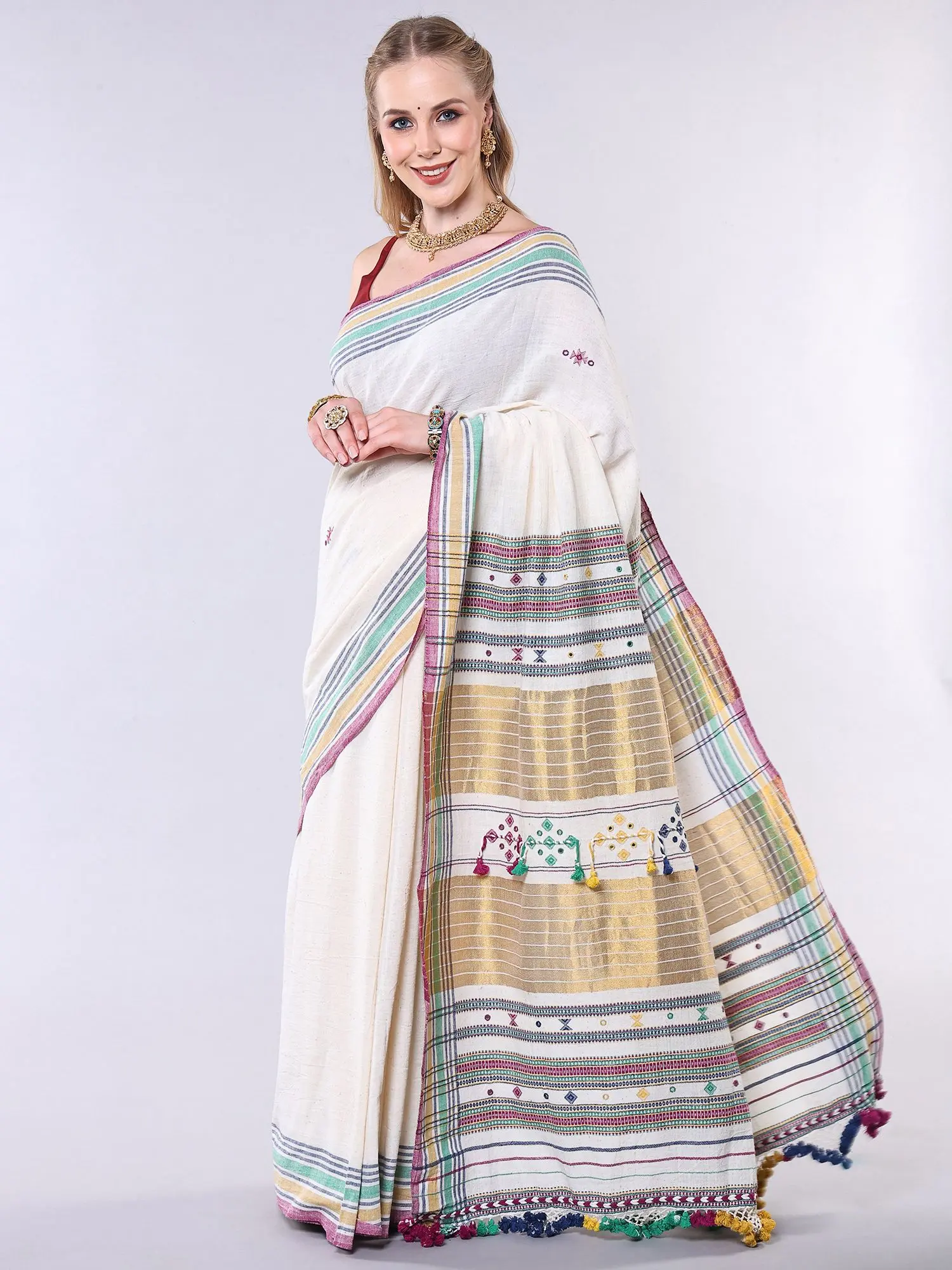 Ivory Folk Saree from Kutch with Multi Stripes Woven Border and Mirror Work, alternate view