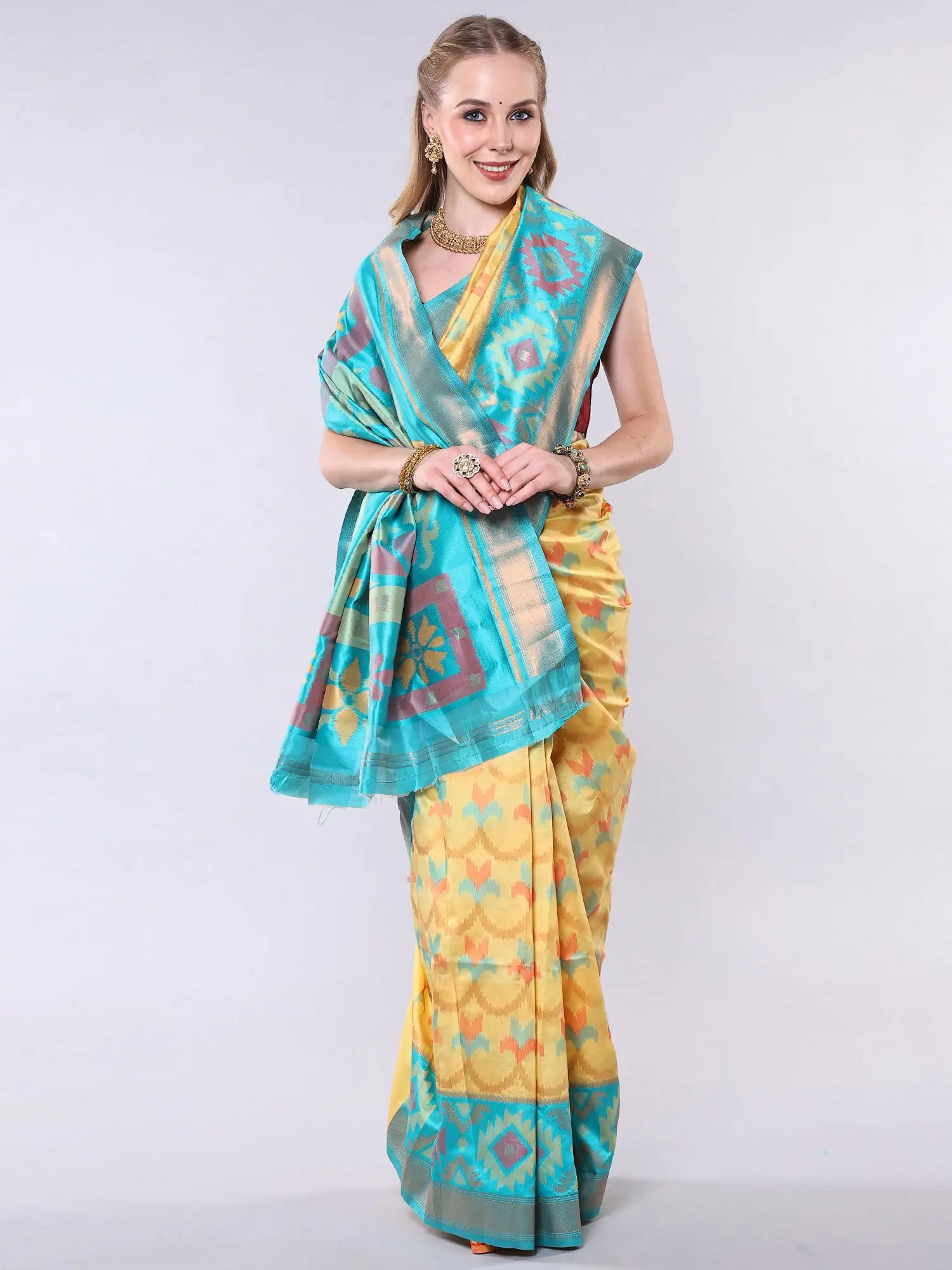 Minion-Yellow Ikat weave Saree with Zari work and Contrast Wide Border