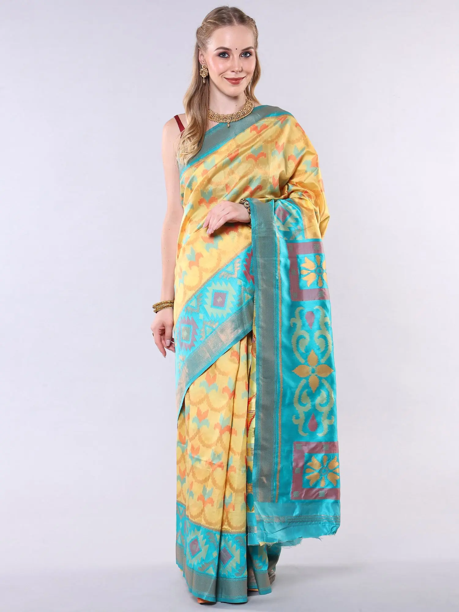 Minion-Yellow Ikat weave Saree with Zari work and Contrast Wide Border, alternate view