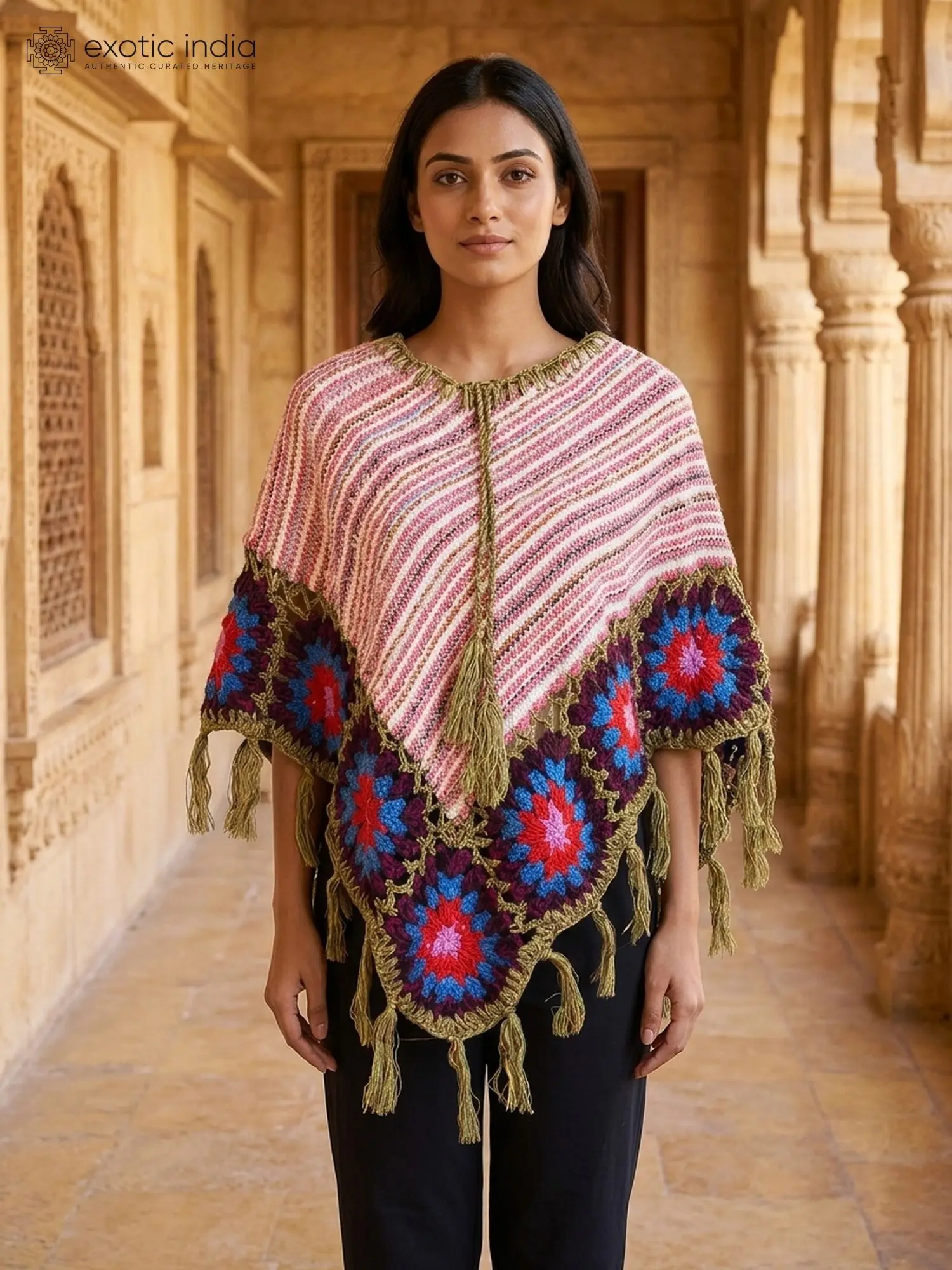 Multi Stripe Knitted Poncho with Fringes