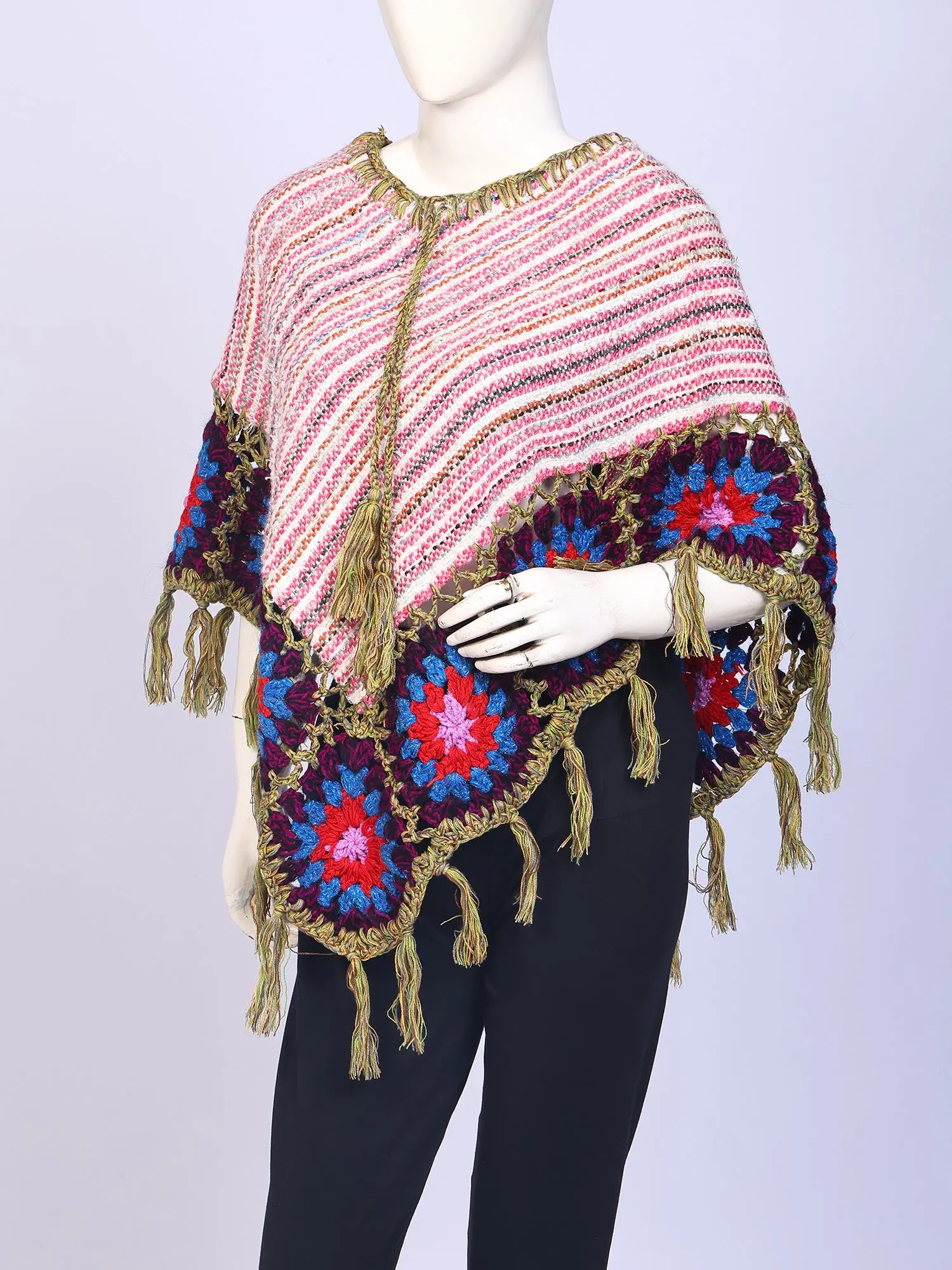 Multi Stripe Knitted Poncho with Fringes, alternate view