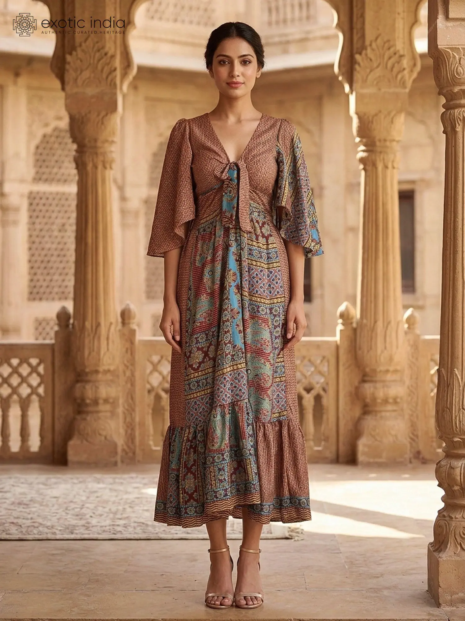 Vintage Printed Tie Dress with Flared Sleeves