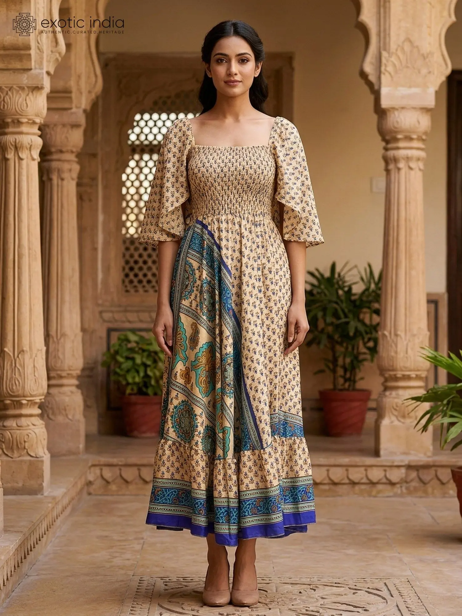 Vintage Printed Long Dress with Elastic Chest from Jodhpur