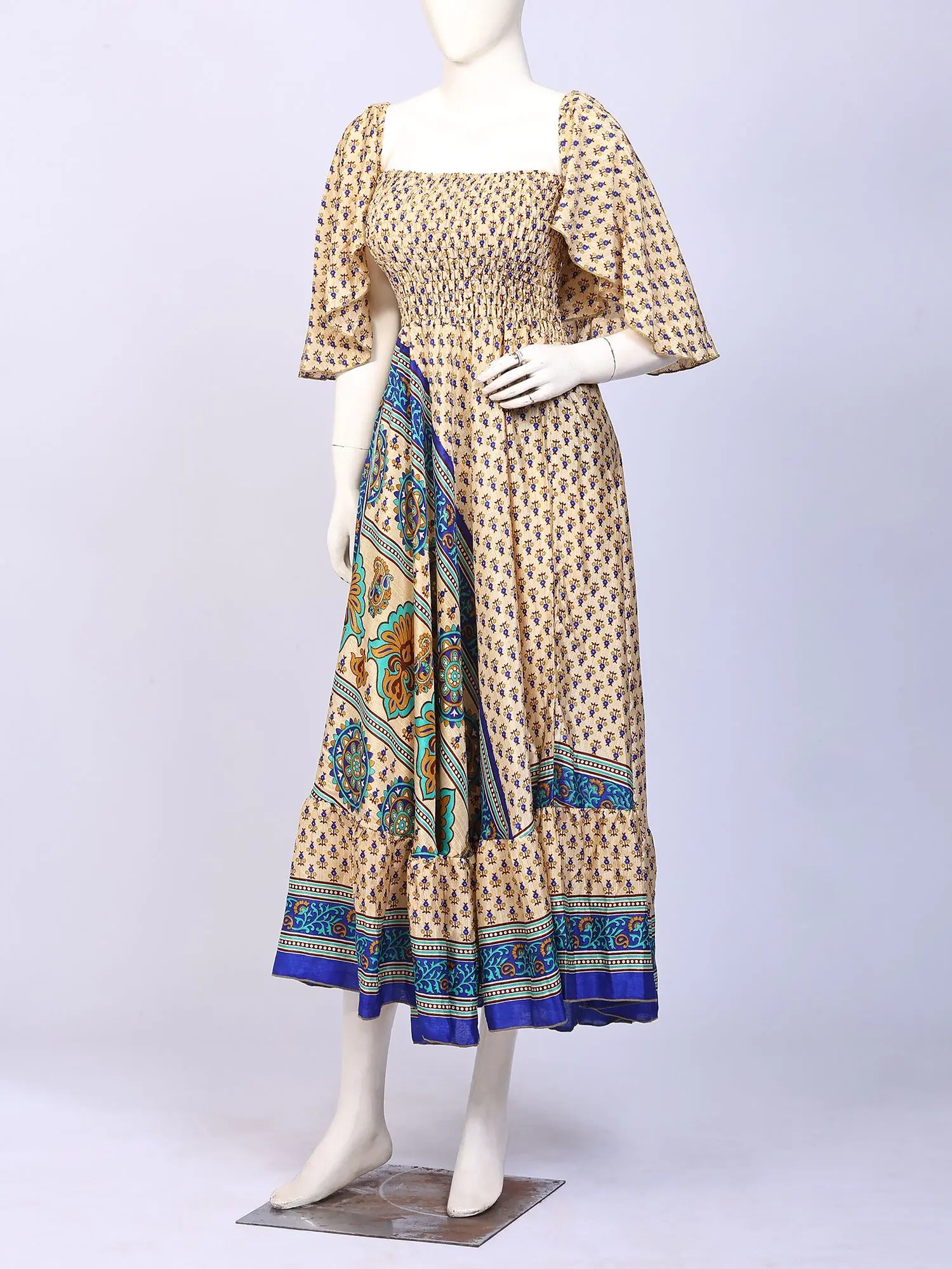 Vintage Printed Long Dress with Elastic Chest from Jodhpur, alternate view