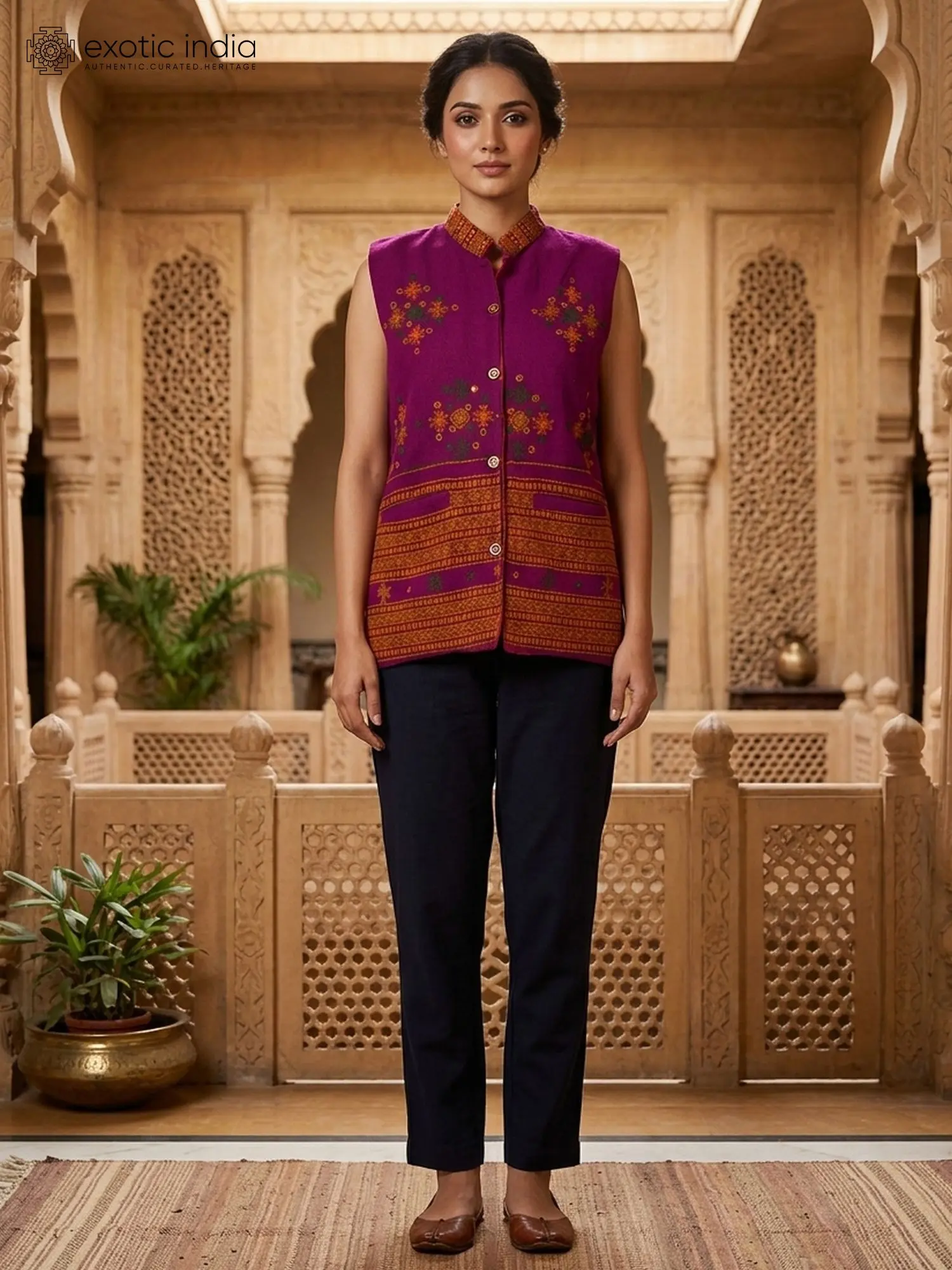 Deep-Orchid Embroidered Sleeveless Jacket with Mirrors work and Front Pockets from Kutch