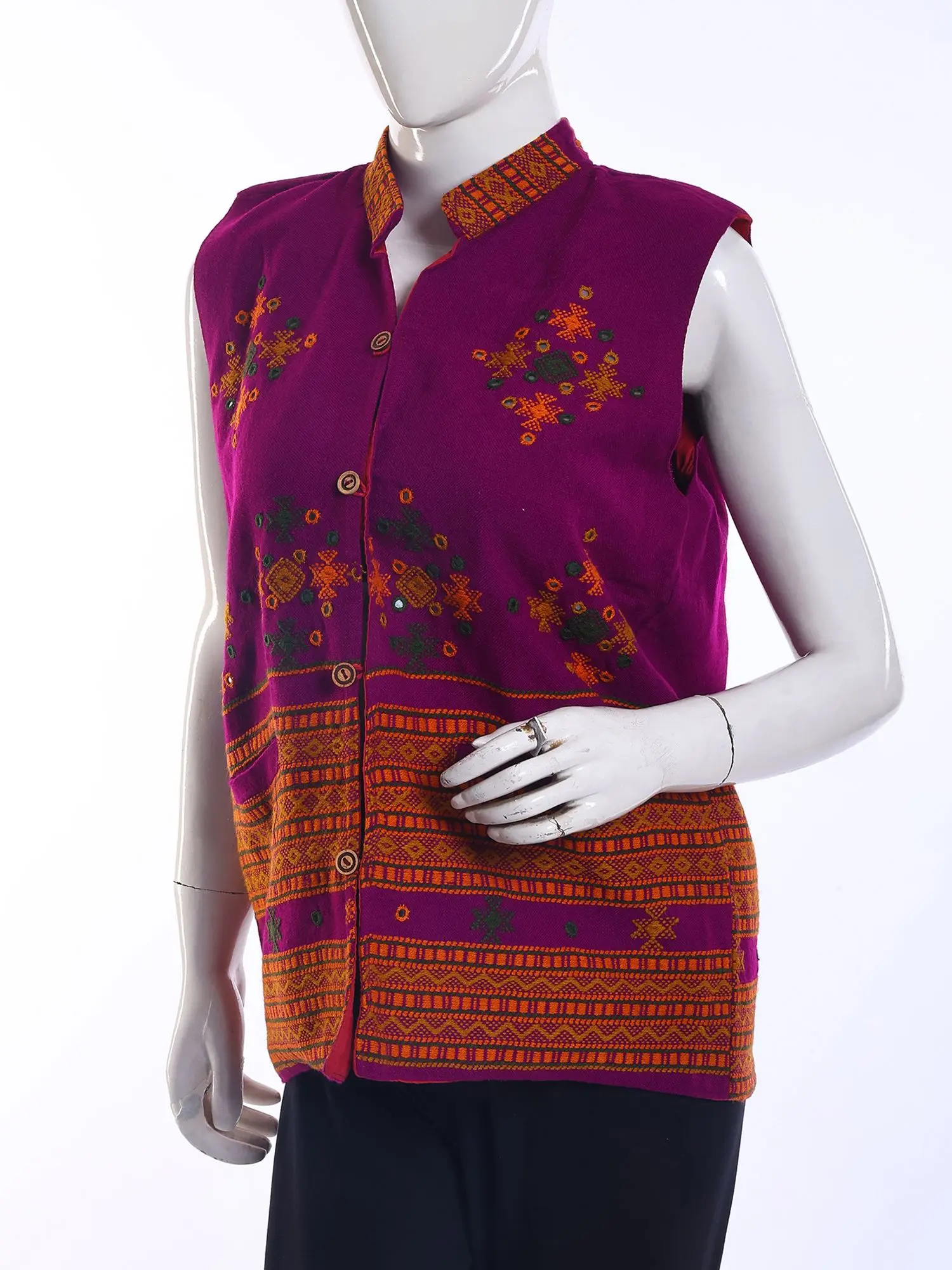 Deep-Orchid Embroidered Sleeveless Jacket with Mirrors work and Front Pockets from Kutch, alternate view