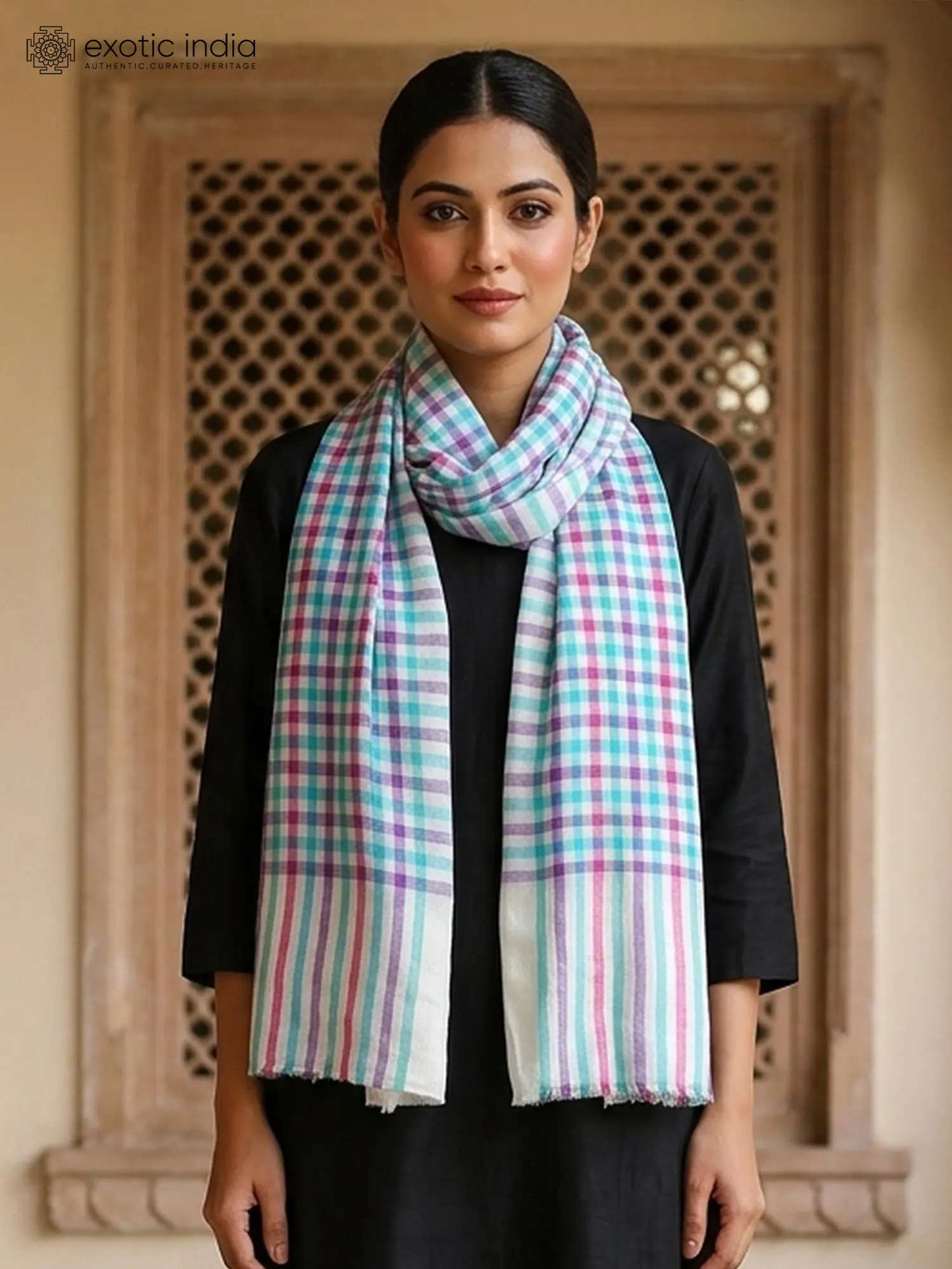 Lightweight Stole with Multicolor Checks - Woven Fabric Accessory