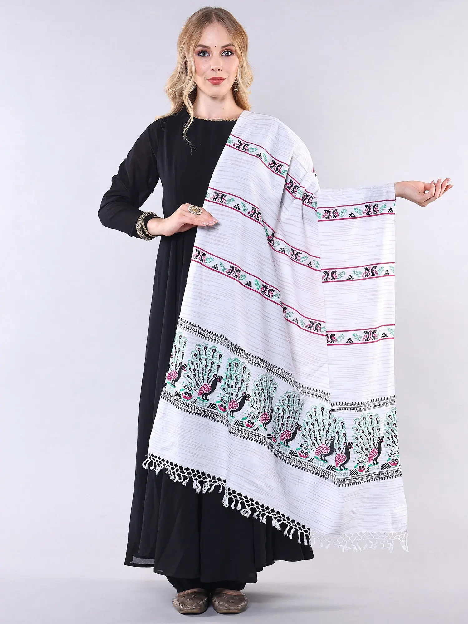 Lucent-White Cotton Dupatta with Printed Peacocks and Stripes