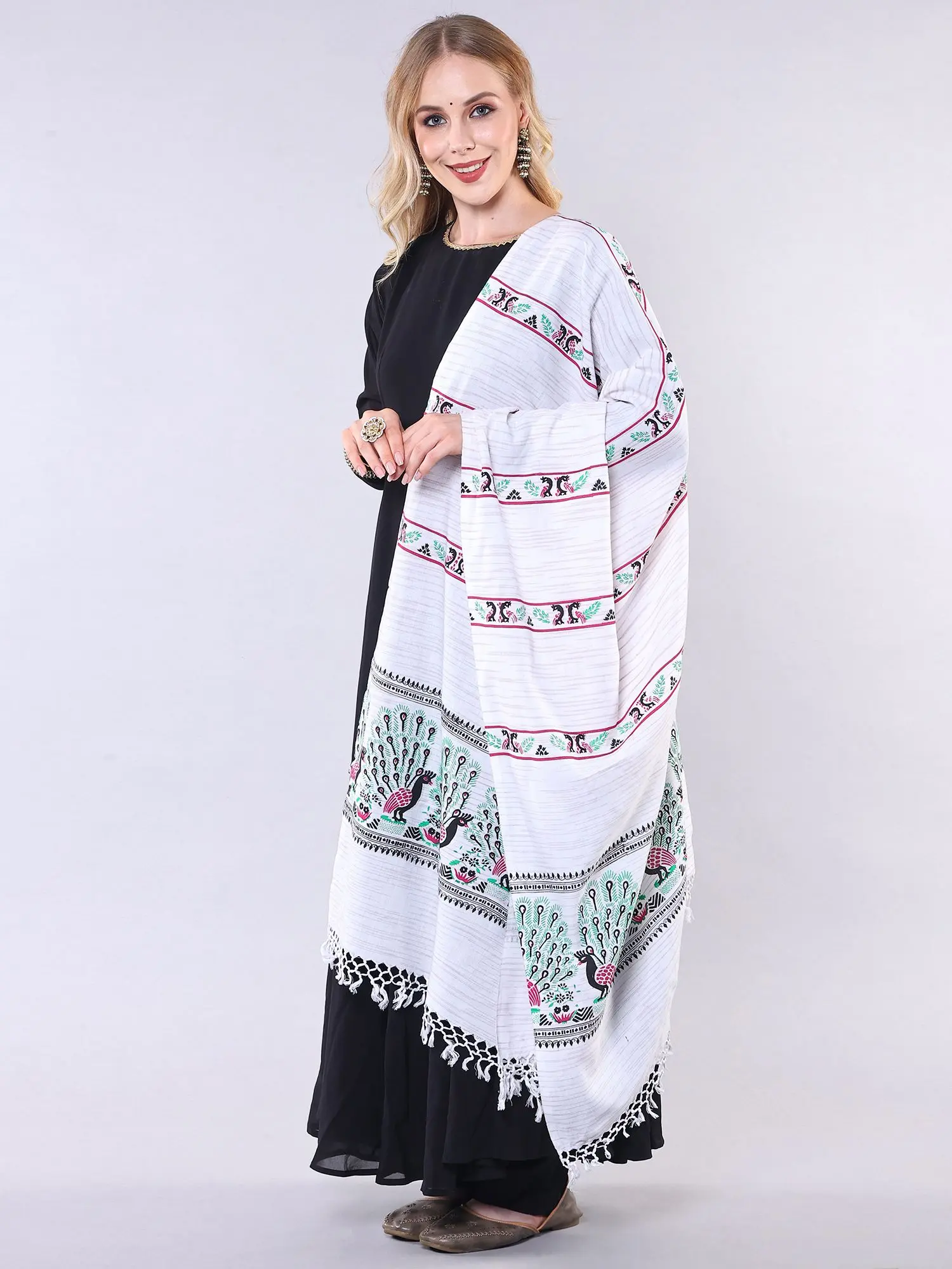 Lucent-White Cotton Dupatta with Printed Peacocks and Stripes, alternate view