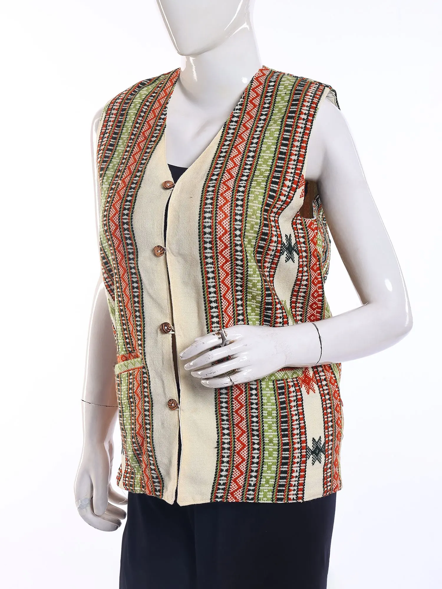 Transparent-Yellow Embroidered Sleeveless Jacket from Kutch with Mirrors work, alternate view