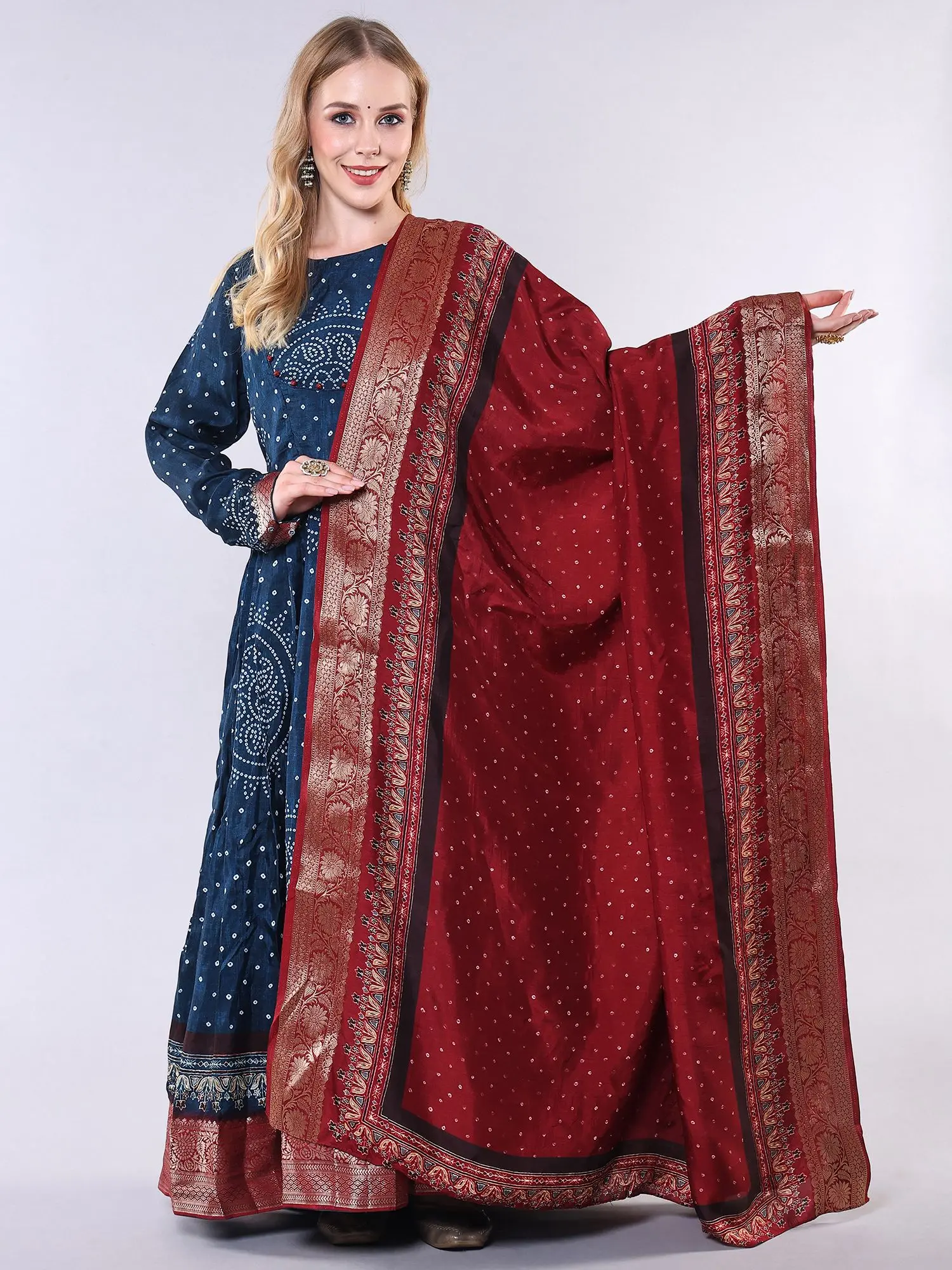 Moonlit-Ocean Bandhani Tie-Dye Print Designer Anarkali Gown with Zari Woven Floral Border and Red Dupatta