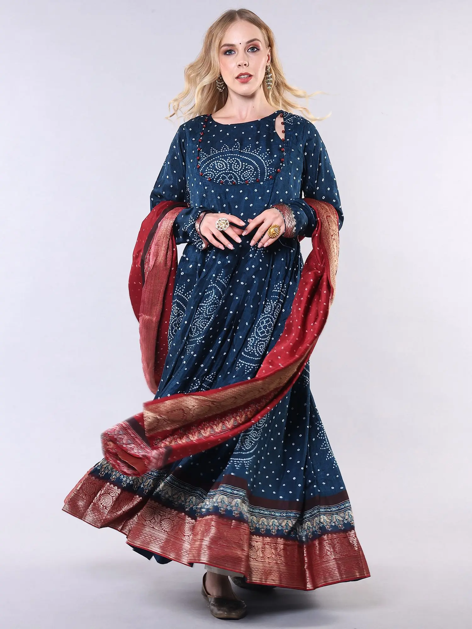 Moonlit-Ocean Bandhani Tie-Dye Print Designer Anarkali Gown with Zari Woven Floral Border and Red Dupatta, alternate view