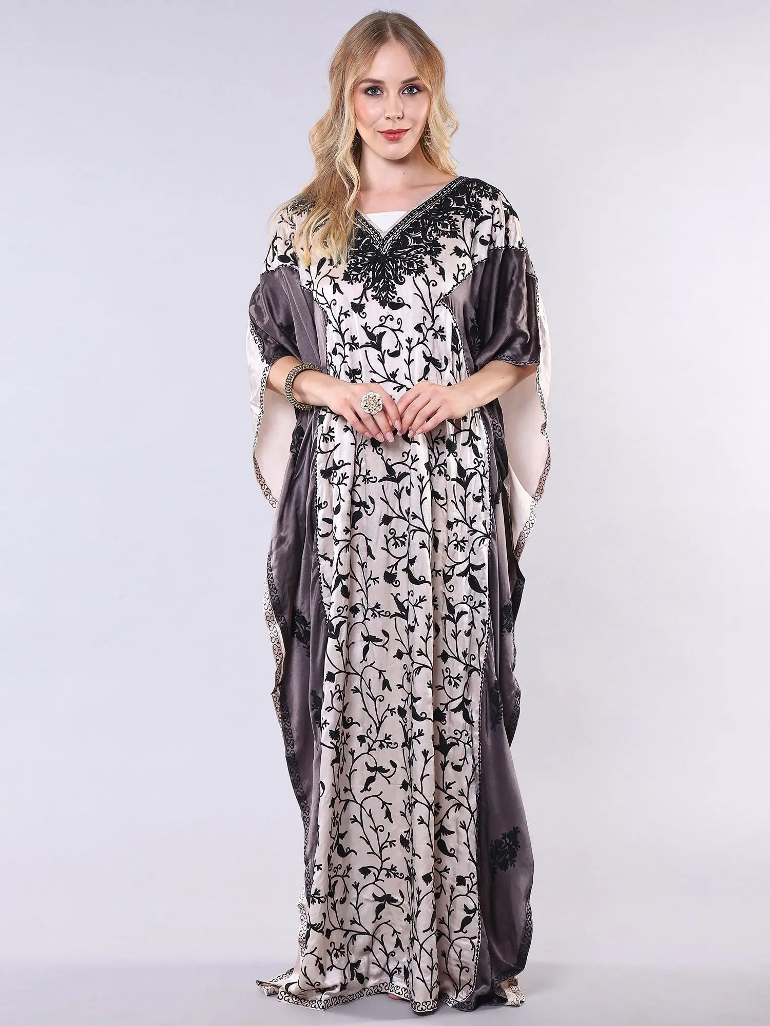 Dual-Color Satin Long Kaftan with Aari Embroidered Floral Vine from Kashmir