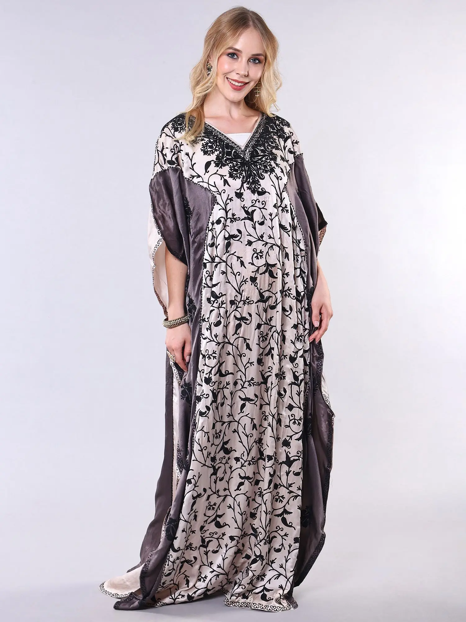 Dual-Color Satin Long Kaftan with Aari Embroidered Floral Vine from Kashmir, alternate view