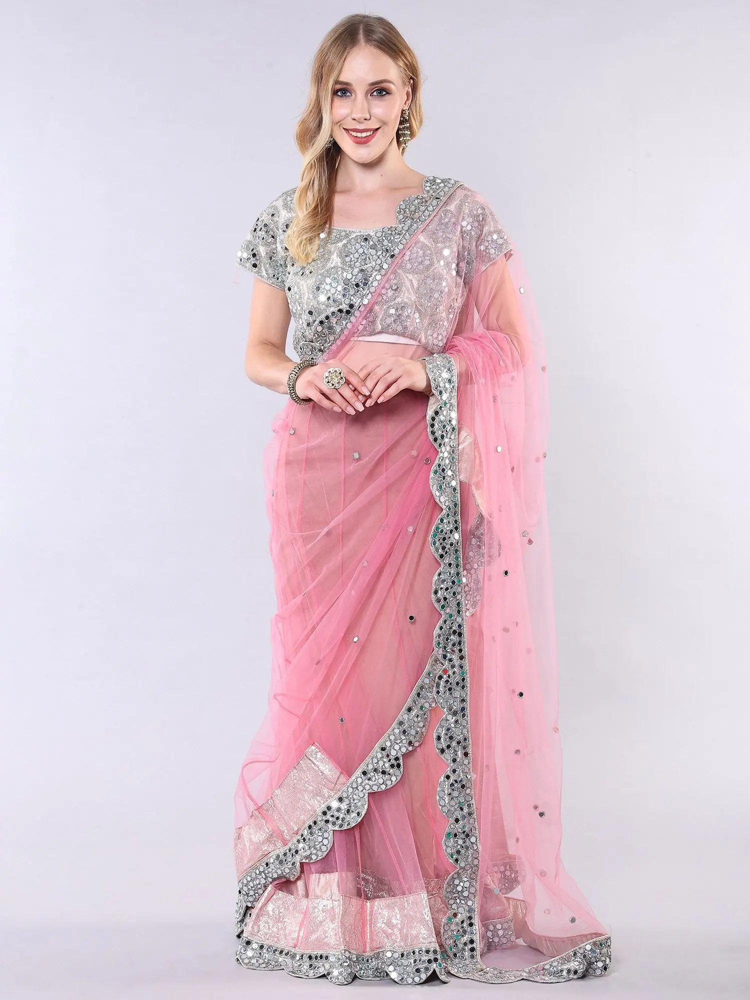 Vintage Pink-Dolphin Net Lehenga Saree with Mirror work Scalloped Patch Border