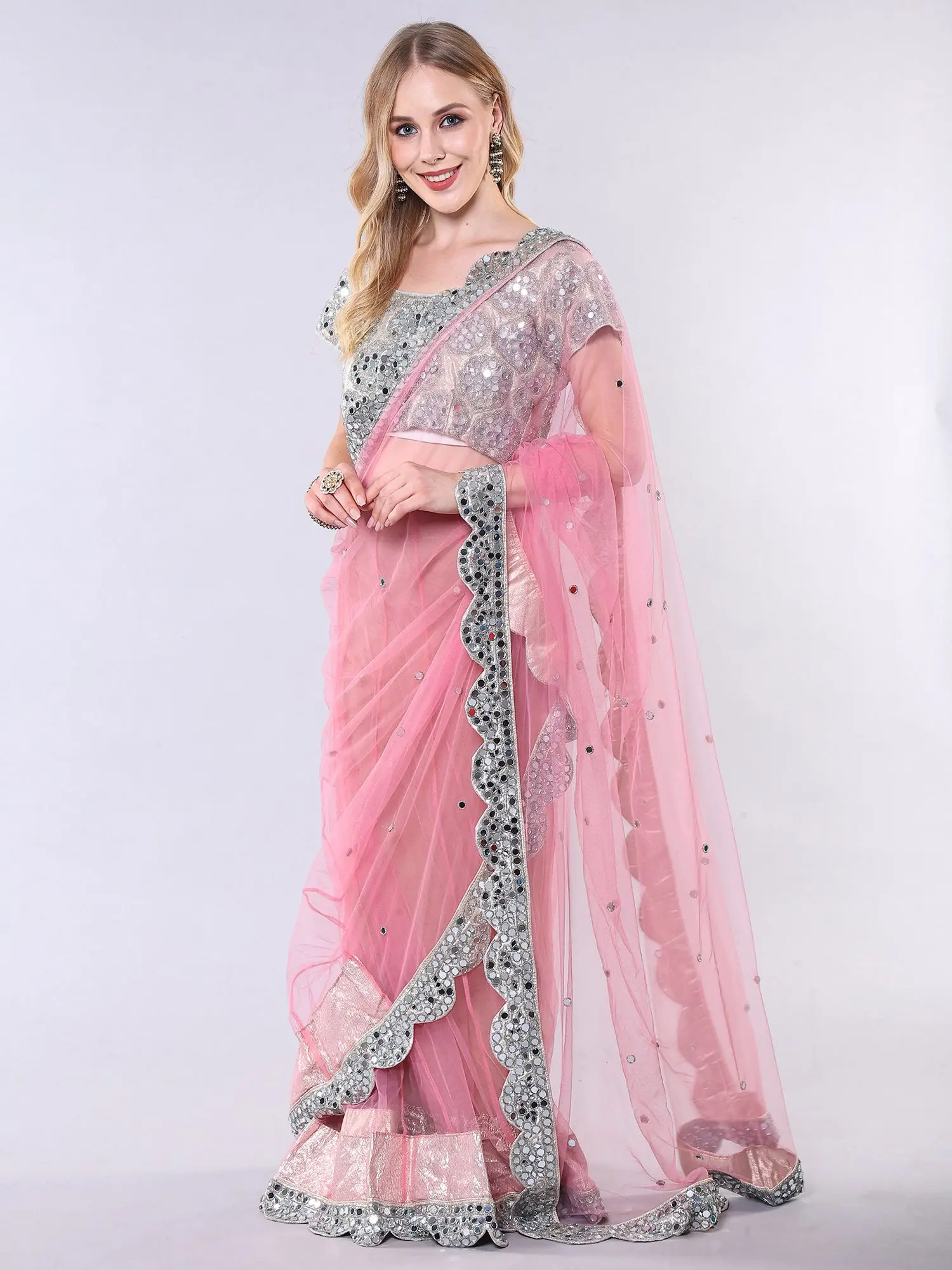 Vintage Pink-Dolphin Net Lehenga Saree with Mirror work Scalloped Patch Border, alternate view
