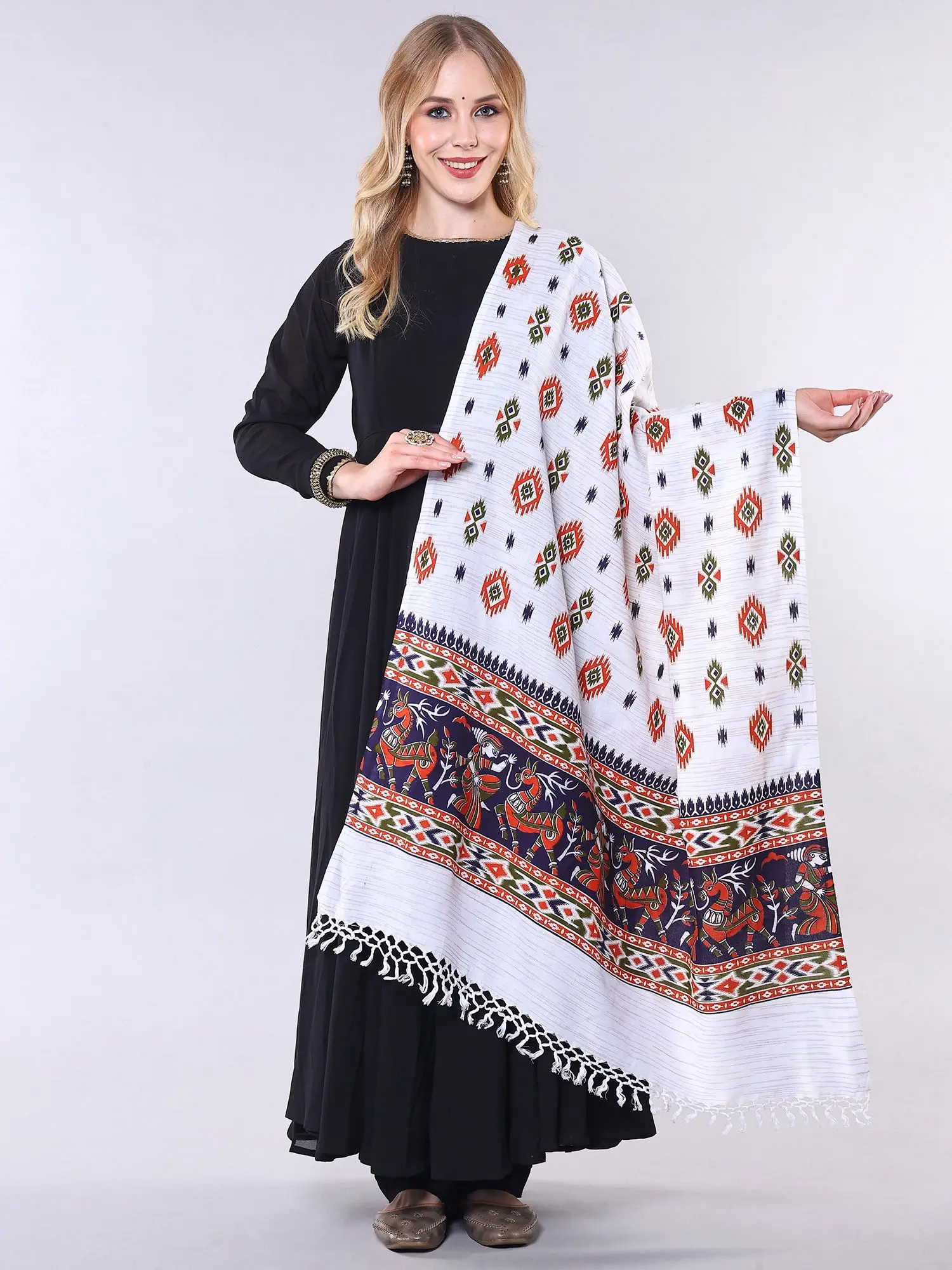 Snow-White Cotton Dupatta with Printed Motifs Fringe Border