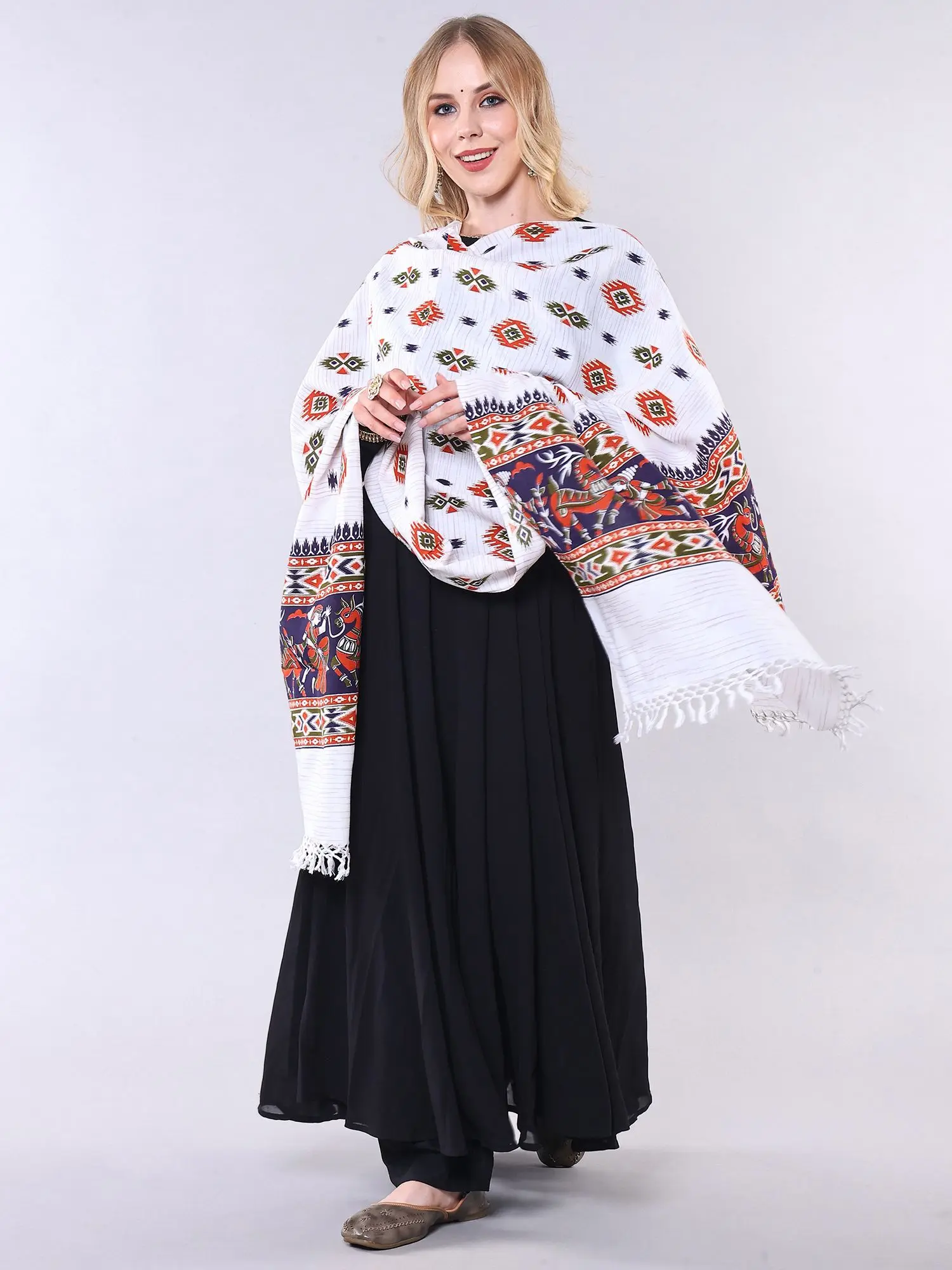 Snow-White Cotton Dupatta with Printed Motifs Fringe Border, alternate view