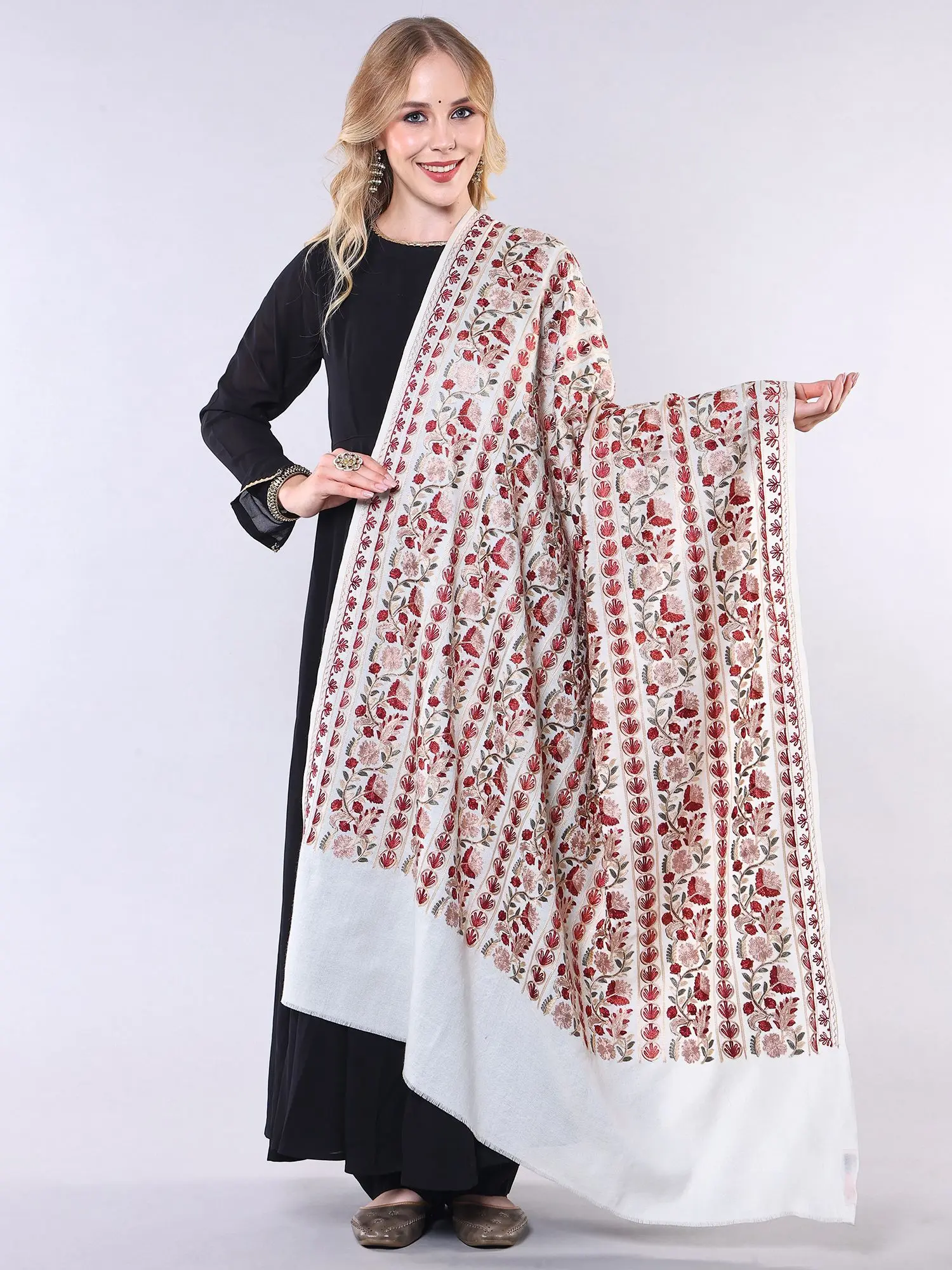 Wool Shawl from Amritsar with Aari Embroidered Floral Stripes in Multi-Color Thread