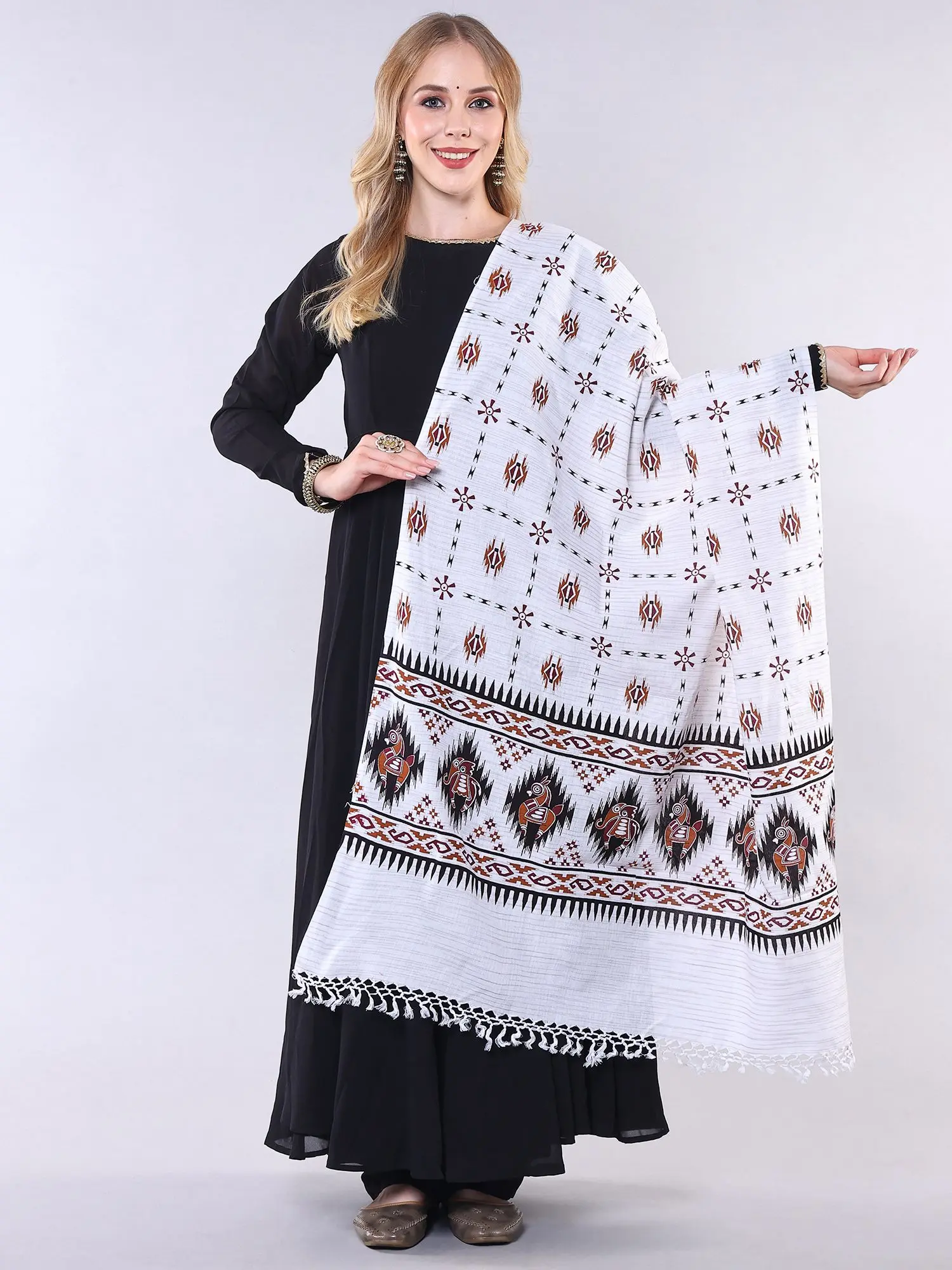 White-Alyssum Cotton Dupatta with Woven Stripe and Printed Animals