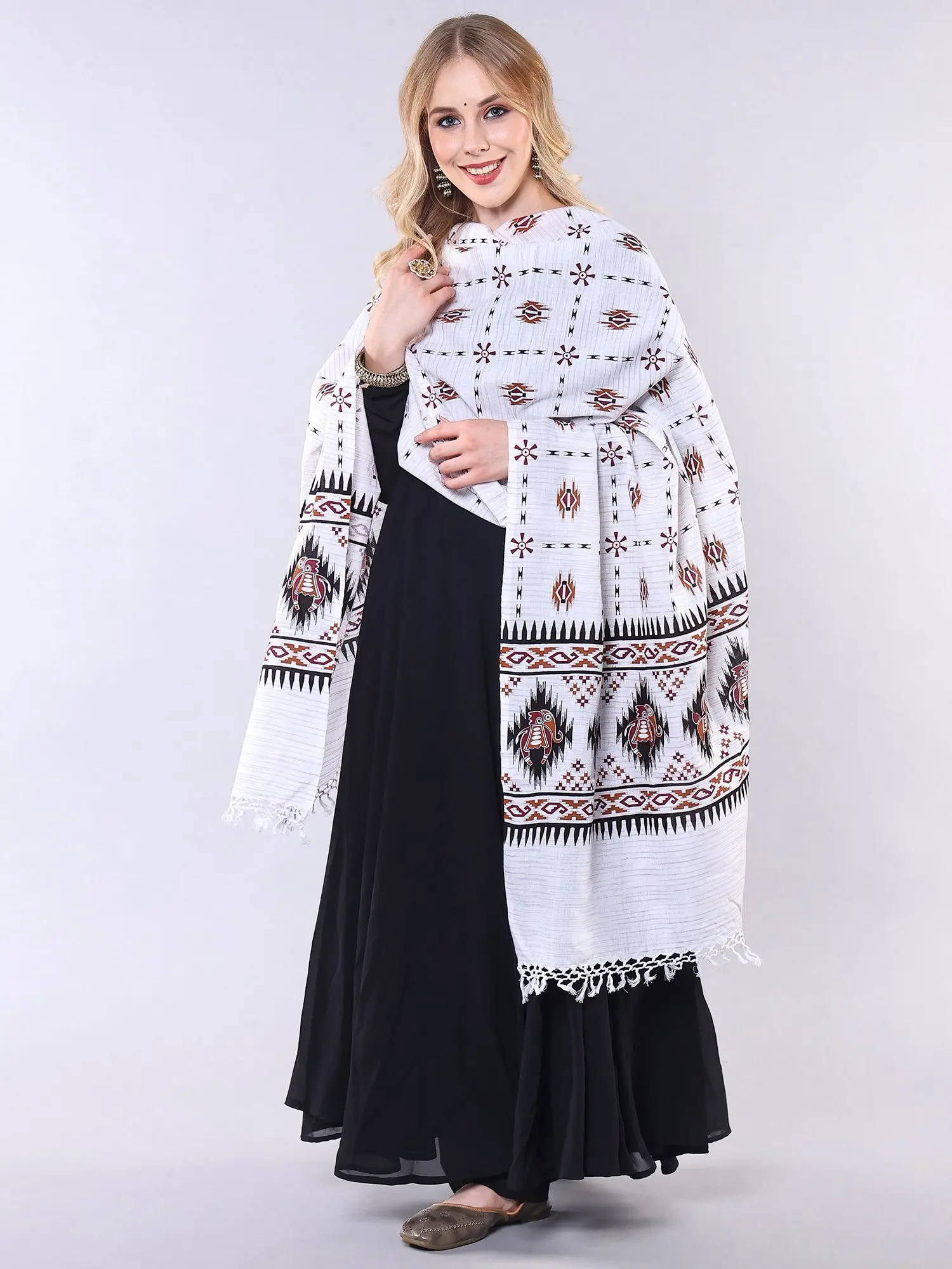 White-Alyssum Cotton Dupatta with Woven Stripe and Printed Animals, alternate view