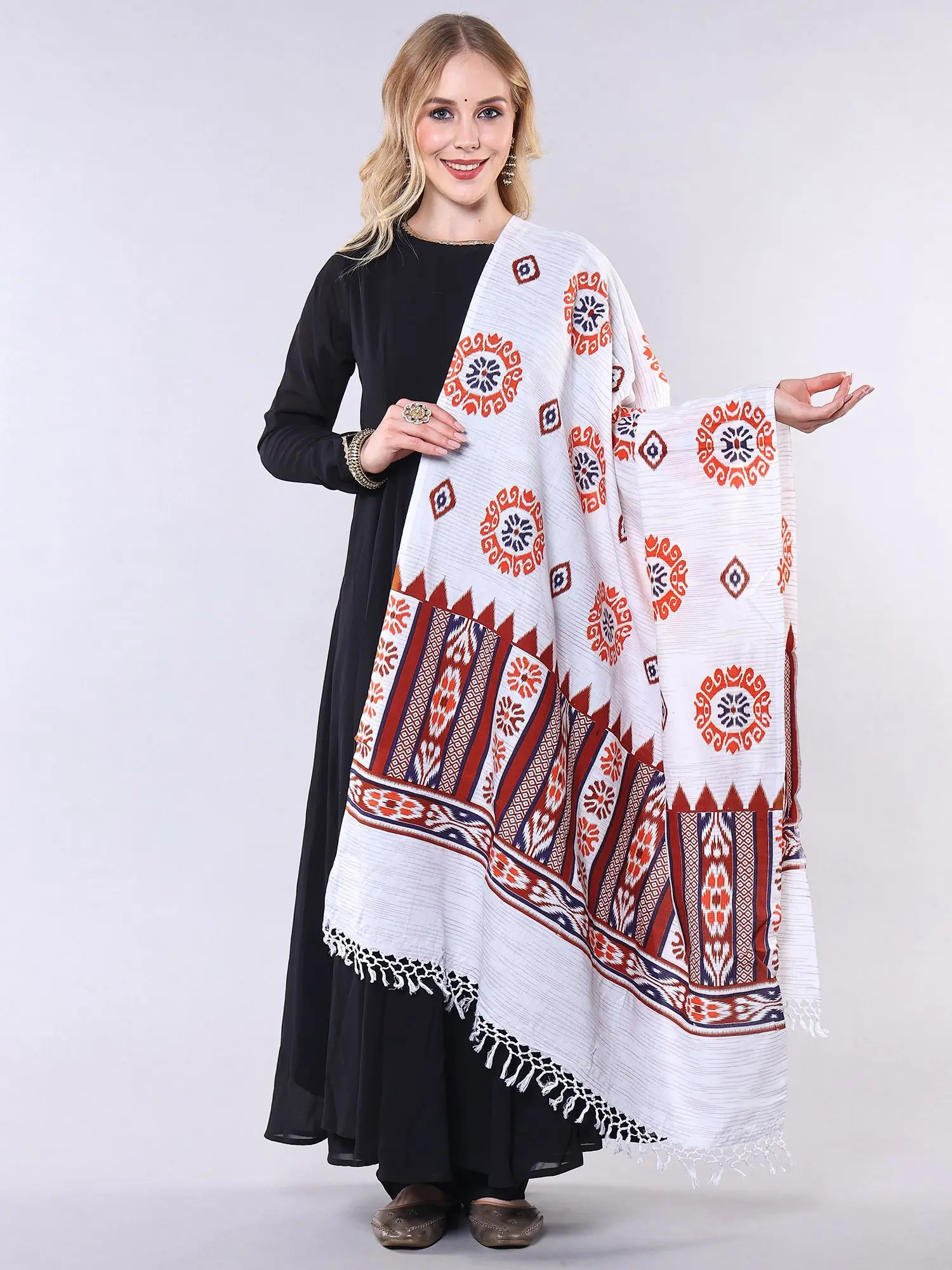 Star-White Cotton Dupatta with Printed Chakra Patterns and Stripes
