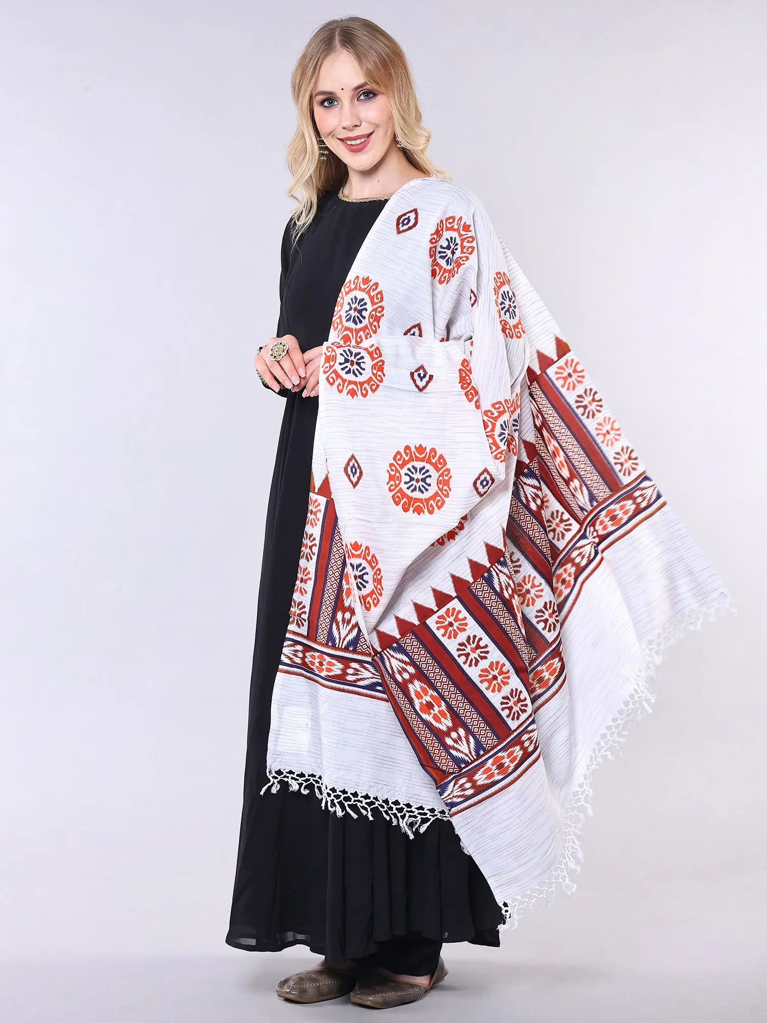 Star-White Cotton Dupatta with Printed Chakra Patterns and Stripes, alternate view