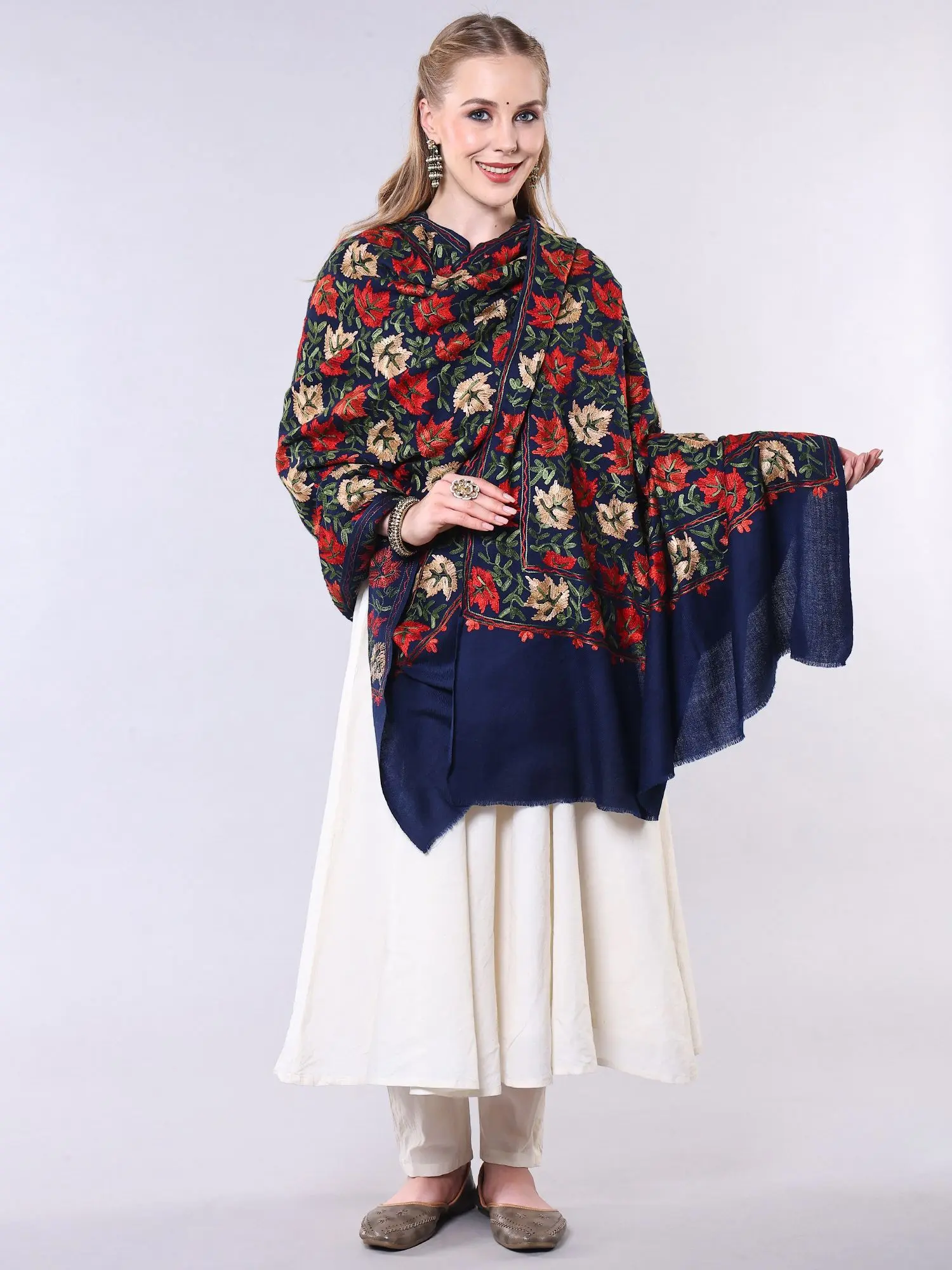 Wool Shawl from Punjab with Intricate Aari Embroidered Maple Leaves All-Over, alternate view