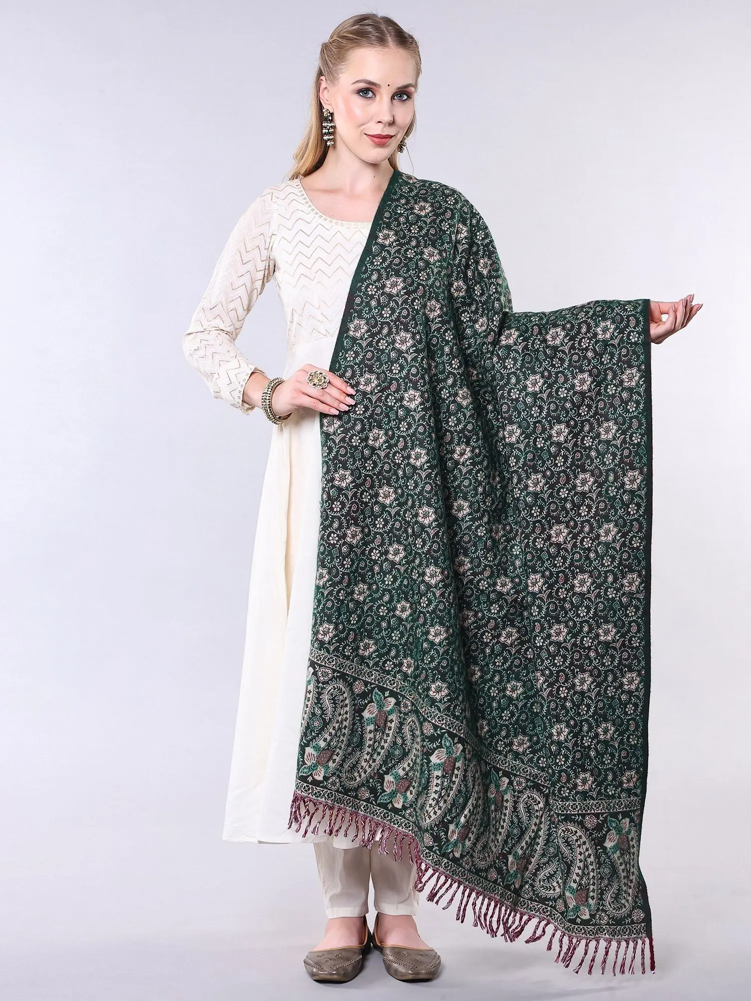 Rain-Forest Reversible Jamawar Shawl with Woven Floral Jaal and Paisley Border