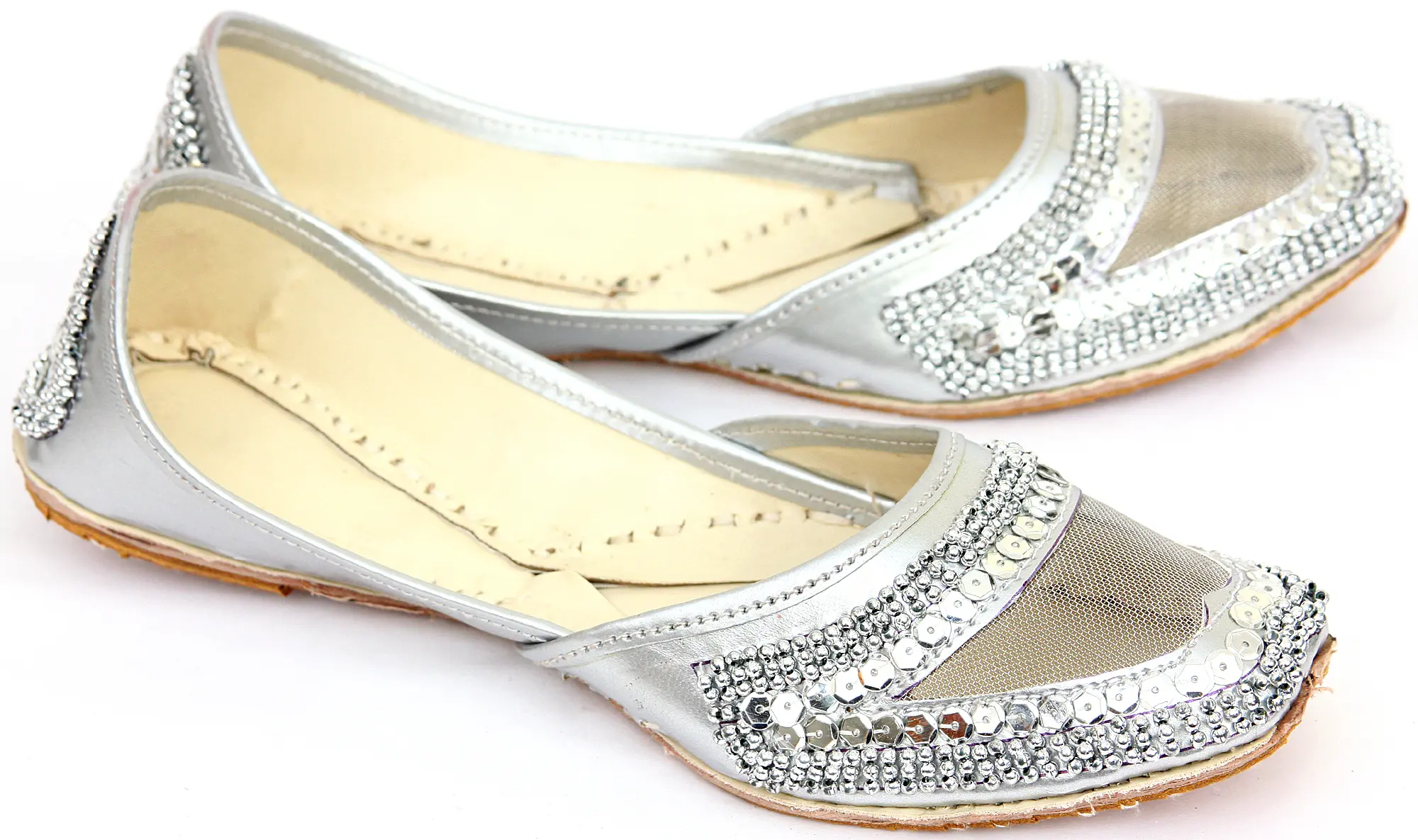 Silver-Color Mojaris with Net, Sequins and Beadwork