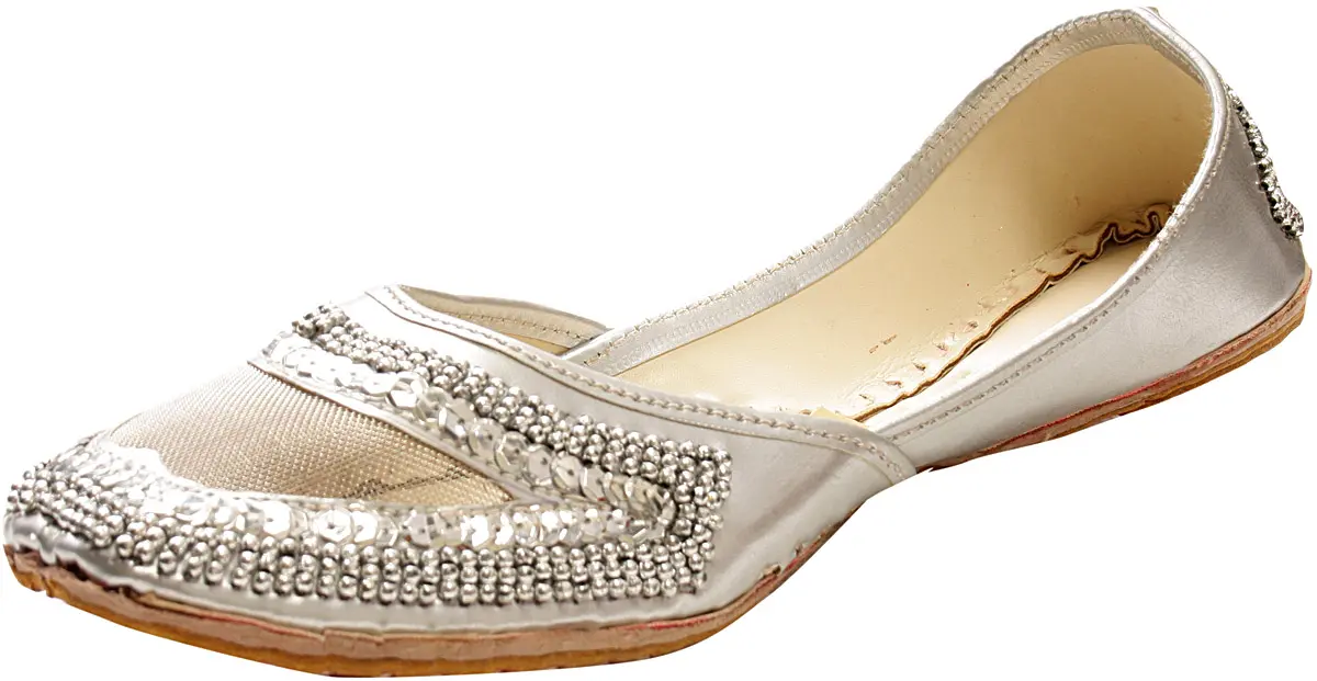 Silver-Color Mojaris with Net, Sequins and Beadwork, alternate view