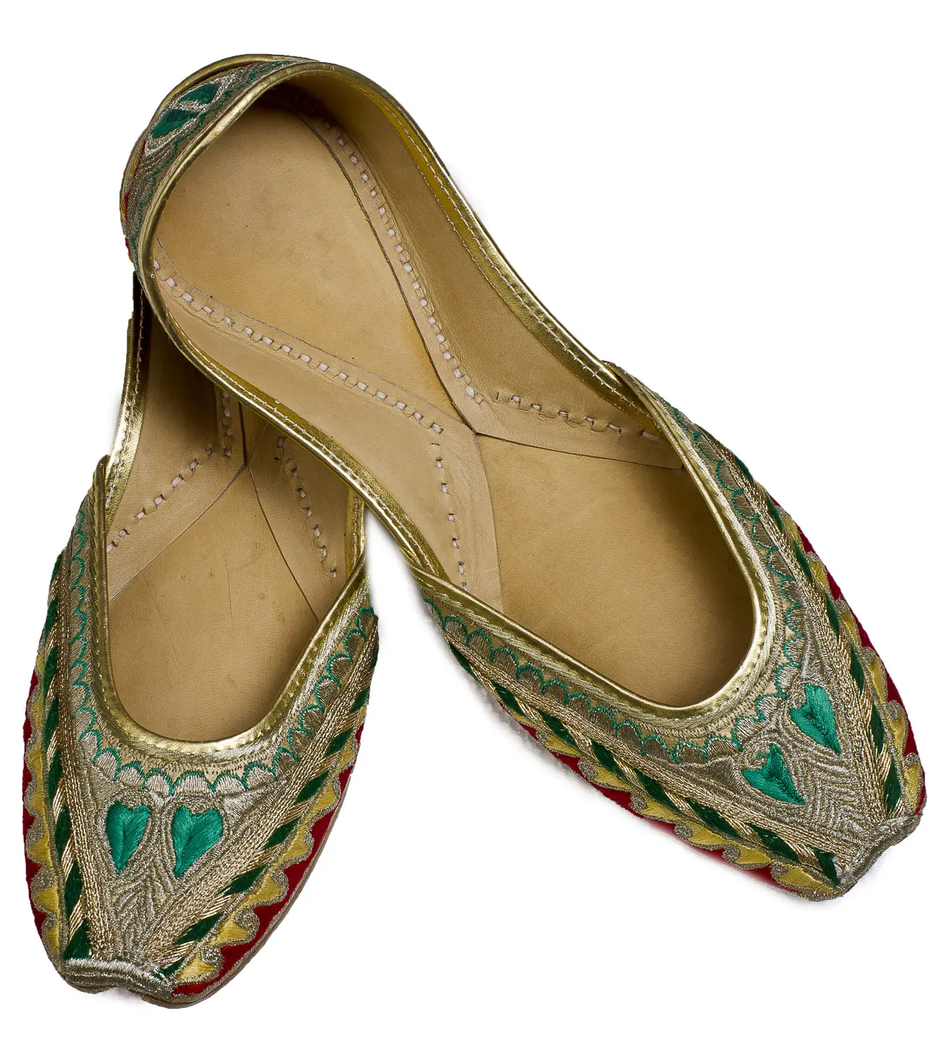 Beige and Green Hand-Embroidered Phulkari Jooties