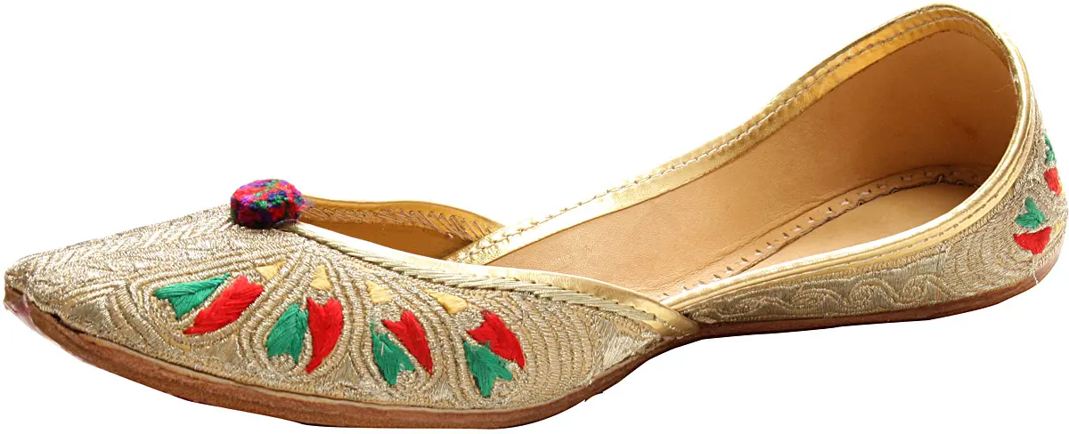 Beige Phulkari Jooties from Punjab with Silver Aari Embroidery, alternate view