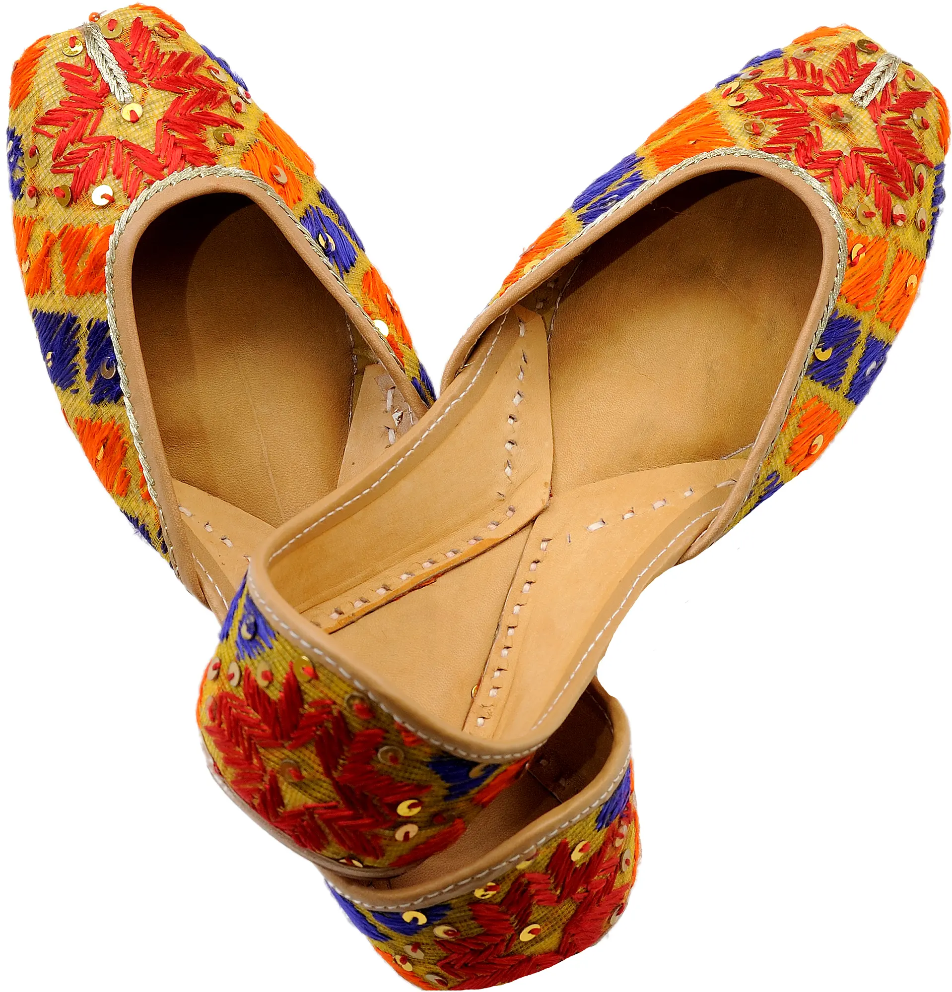 Radiant Orange and Blue Jooti with Thread Embroidered Flowers and Sequins