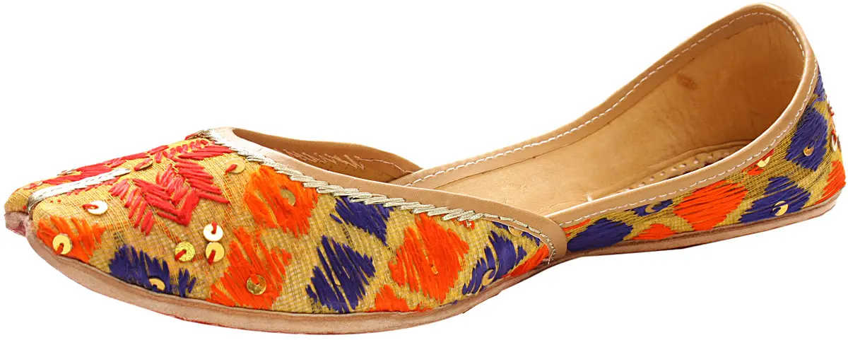 Radiant Orange and Blue Jooti with Thread Embroidered Flowers and Sequins, alternate view