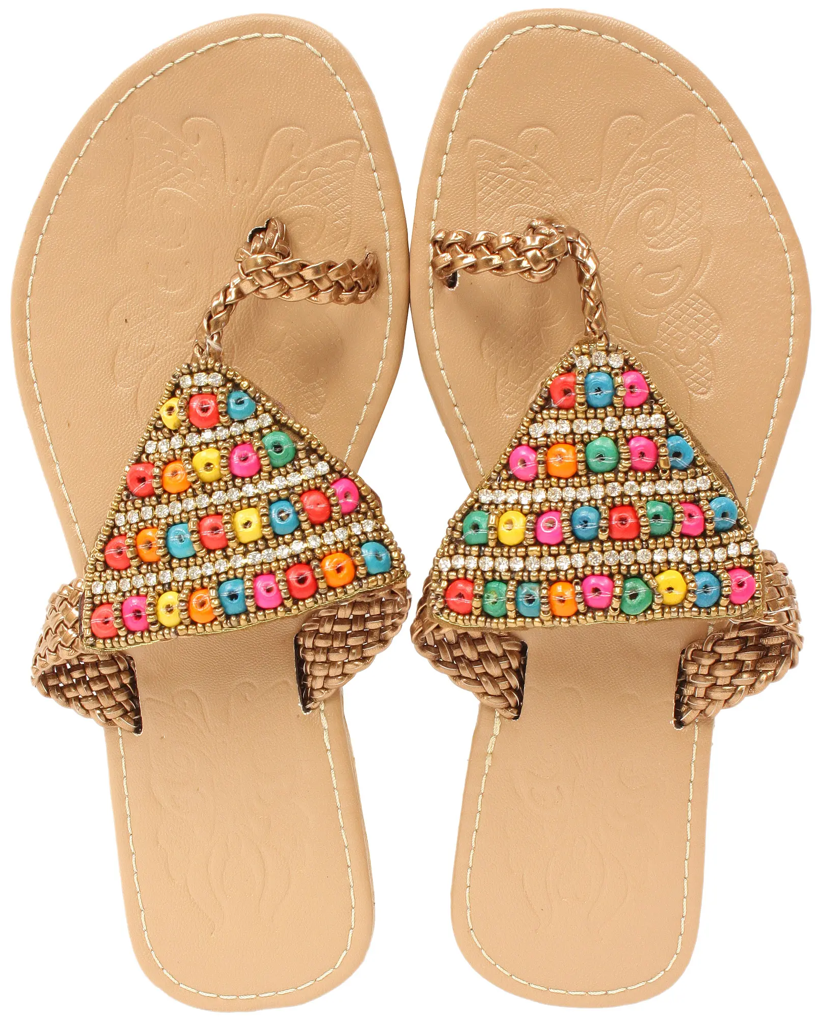 Toasted-Almond Slippers with Bead-work in Multi Color