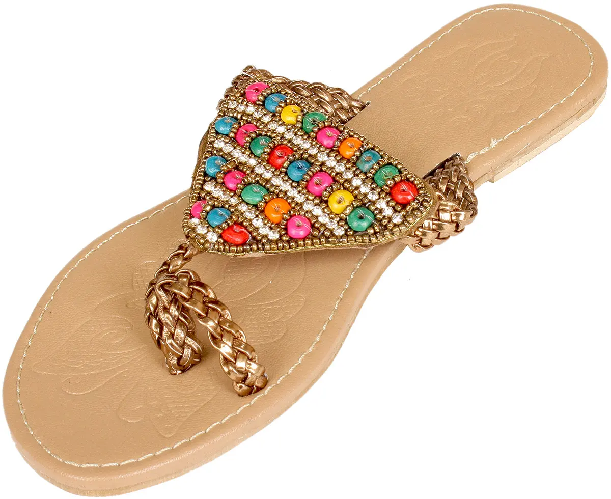 Toasted-Almond Slippers with Bead-work in Multi Color, alternate view