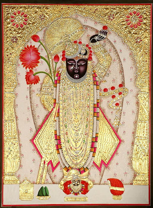 Download Vibrant Shrinathji Pichwai Painting with Red Borders Wallpaper |  Wallpapers.com