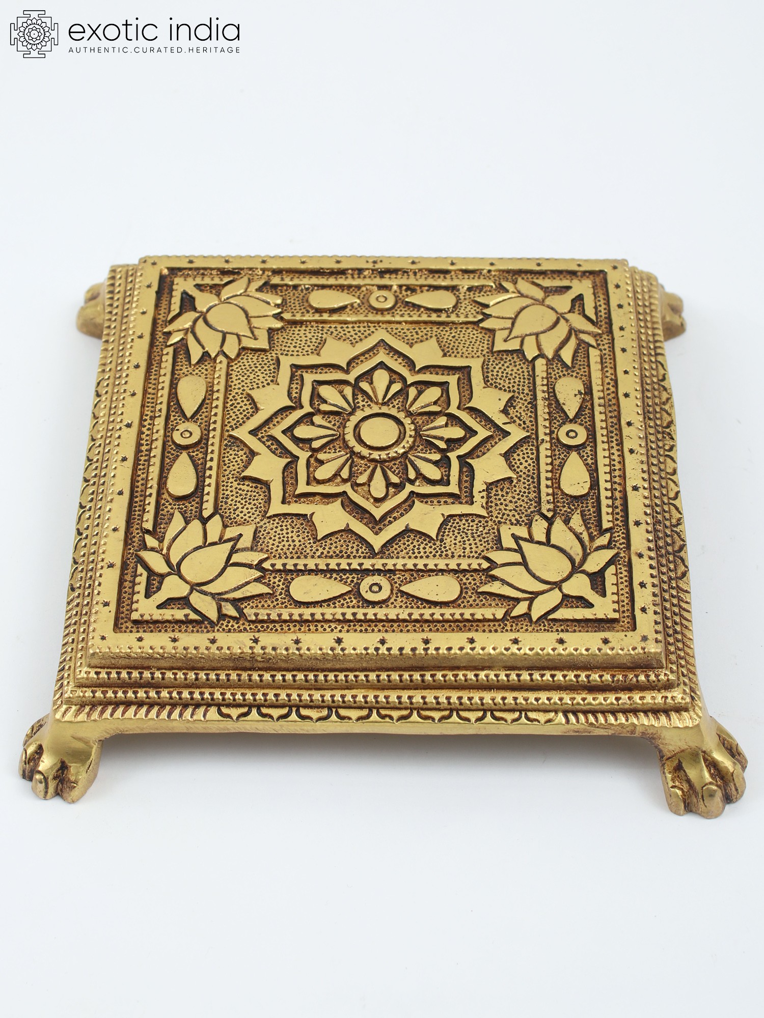 Vintage Brass Square Chowki Handcrafted With A Floral Design & Ghungro -  The Indian Weave